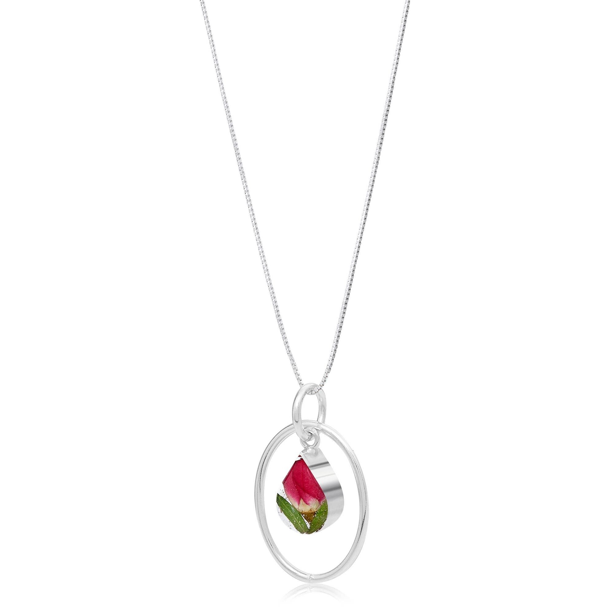 Collana con ciondolo in argento - Rosa - Con contorno ovale in argento.