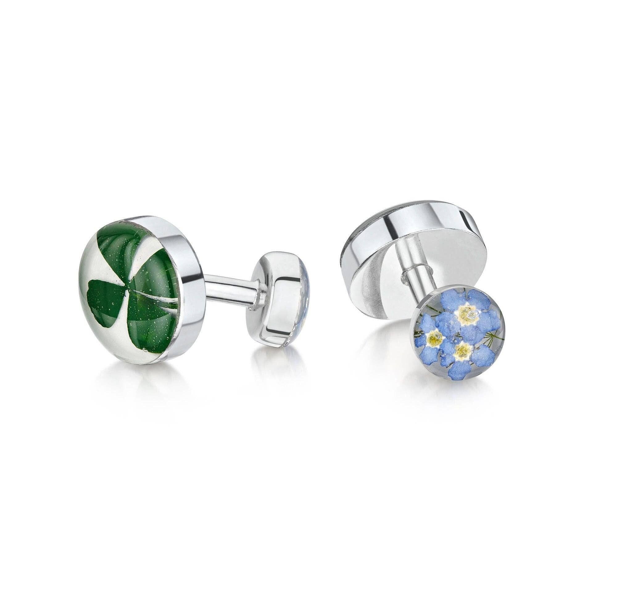 Silver Cufflink Bar -Clover/ Forget-Me-Not - Round