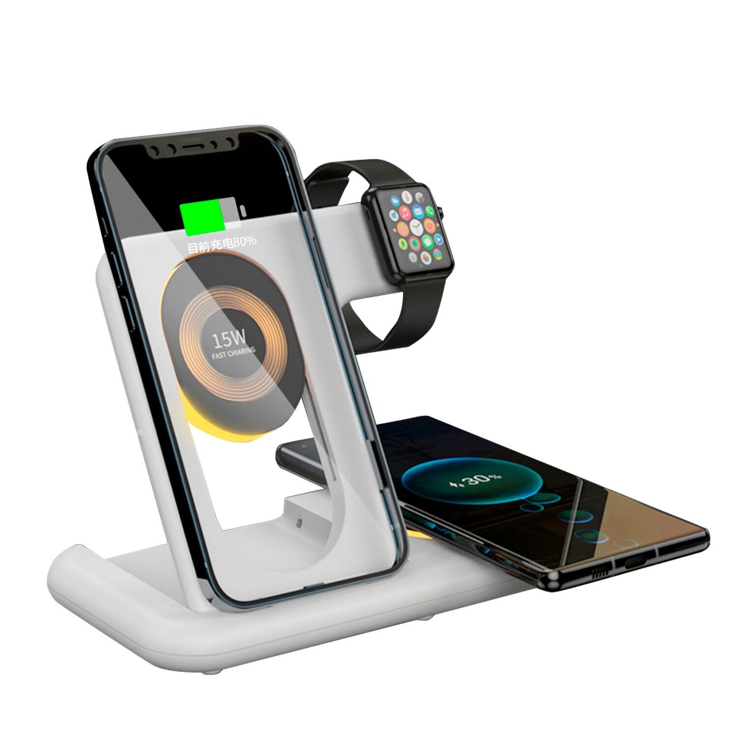 Base di ricarica pieghevole 5 in 1. Base Magsafe regolabile da 15 W, caricabatterie per Apple Watch e base Qi. Con luce notturna touch. Funzione stand.Colore: Bianco