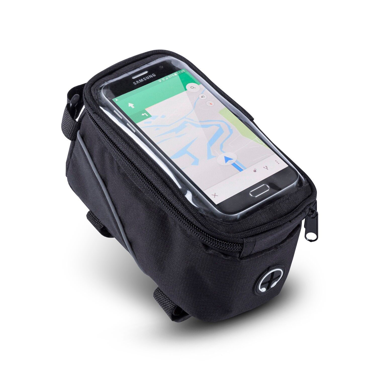 Borsa da bici Rigon con parte anteriore trasparente touch screen, per smartphone fino a 6,3 pollici. Uscita per cuffie e chiusura con cerniera. Attacco alla barra o al manubrio. Colore: Nero