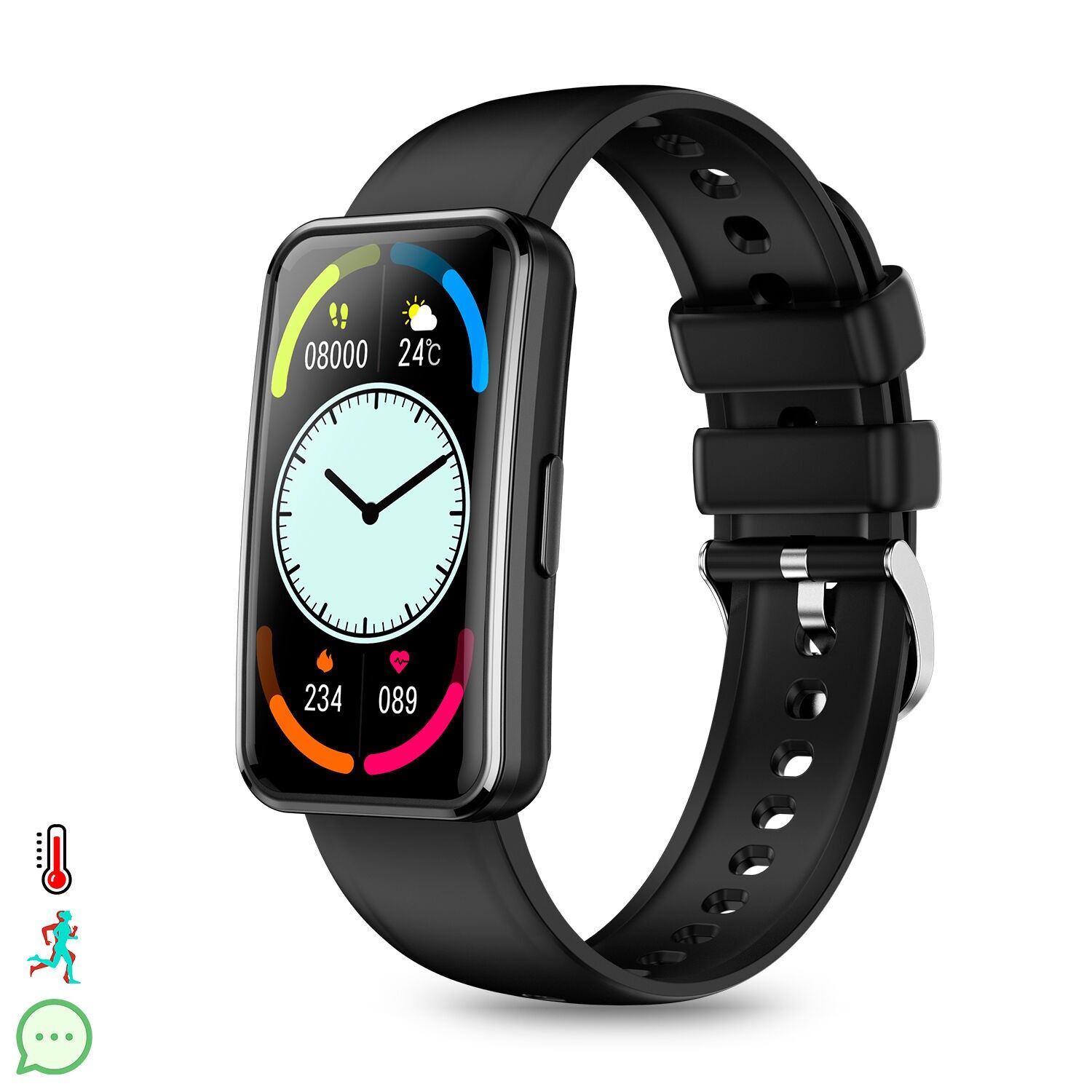 X7 Smartarmband. Mit Thermometer, Multisportmodus, Blutdruck- und O2-Monitor. Farbe: Schwarz