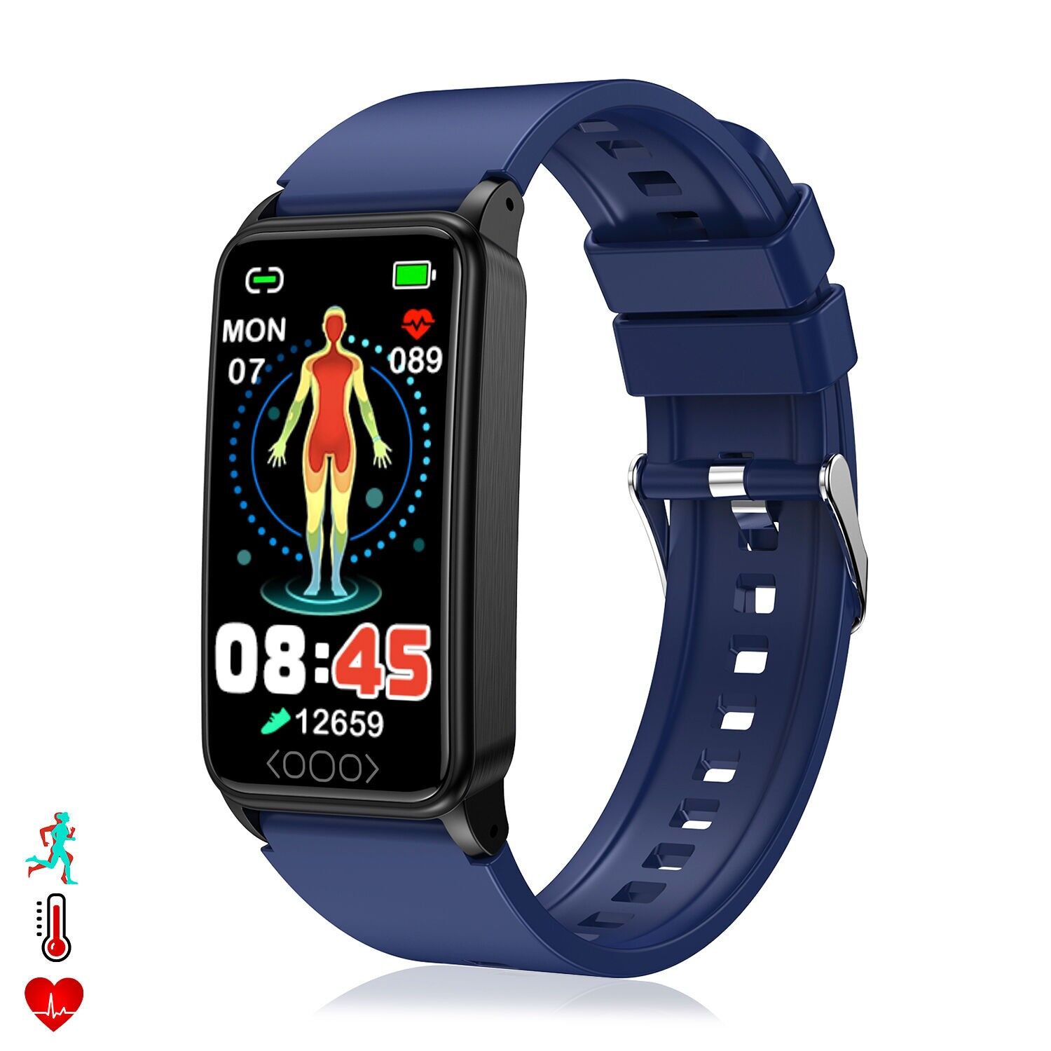 TK71 Pro Smartarmband mit Körpertemperatur-, Glukose-, Harnsäure-, Stress-, Herzfrequenz- und Blutdruckmessgerät. Farbe: Dunkelblau