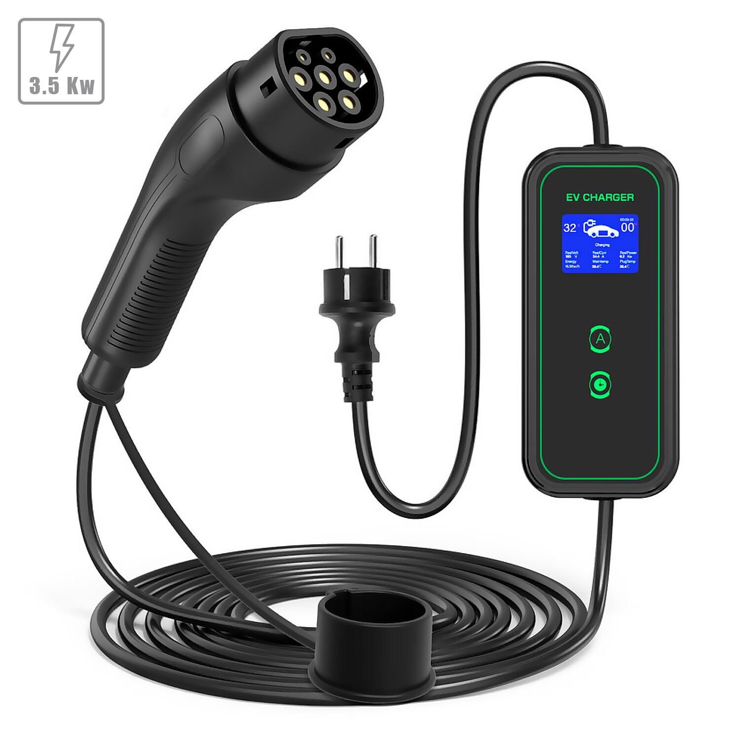 A01-Ladegerät für Elektroautos Typ 2, EV und PHEV, mit 16 A und 3,5 KW. Steuerungs-App und LCD-Bildschirm. Farbe: Schwarz