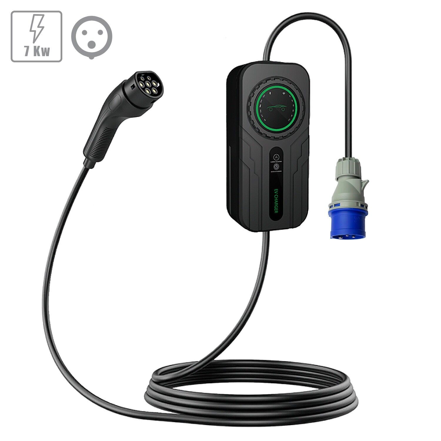 Chargeur A03 pour voitures électriques de type 2, EV et PHEV, avec 32A et 7KW. Application de contrôle et écran LCD. Couleur : Noir