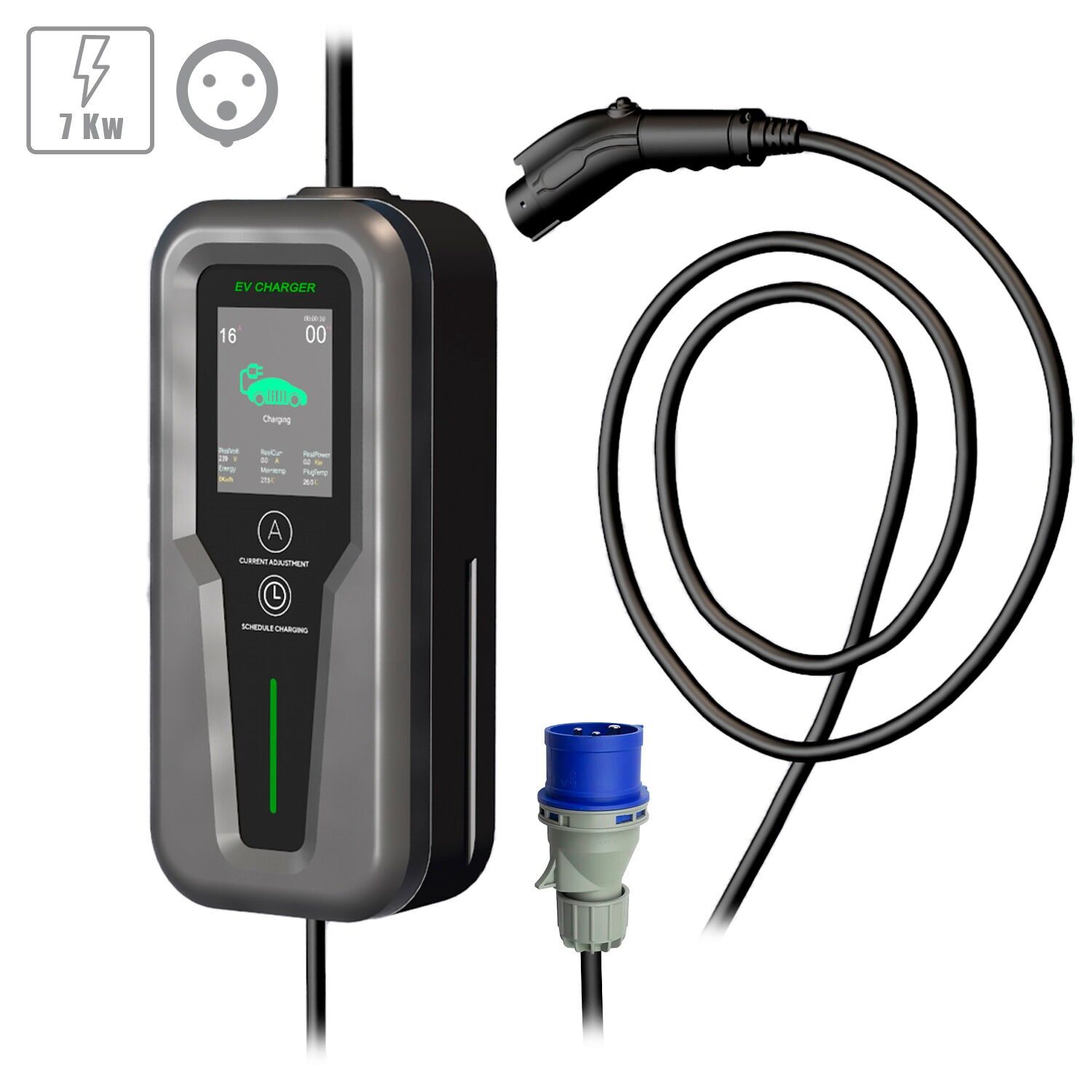 A02-Ladegerät für Elektroautos Typ 2, EV und PHEV, mit 32 A und 7 kW. Steuerungs-App und LCD-Bildschirm. Farbe: Schwarz