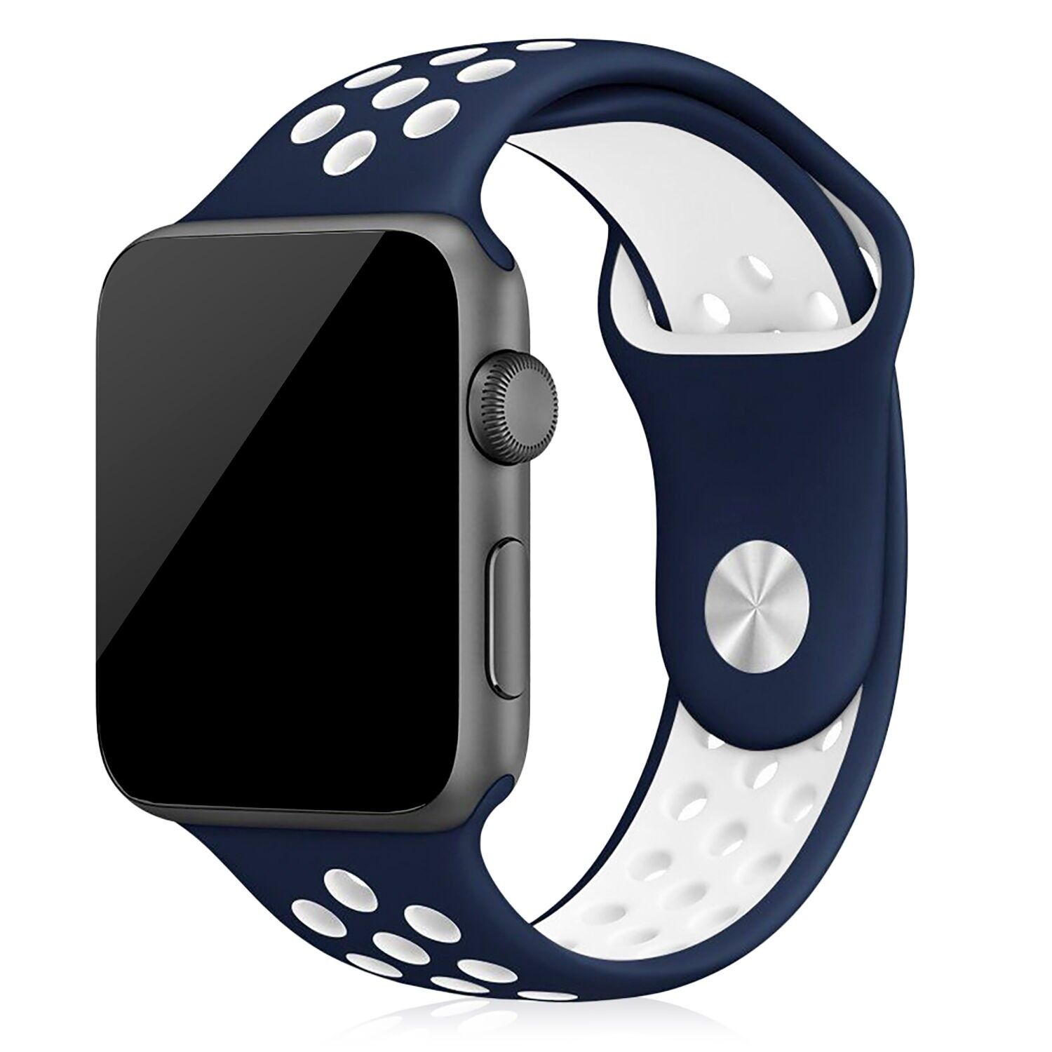 Cinturino sportivo in silicone compatibile con Apple Watch: 42/44/45/49 mm, taglia S/M, colore: blu/bianco