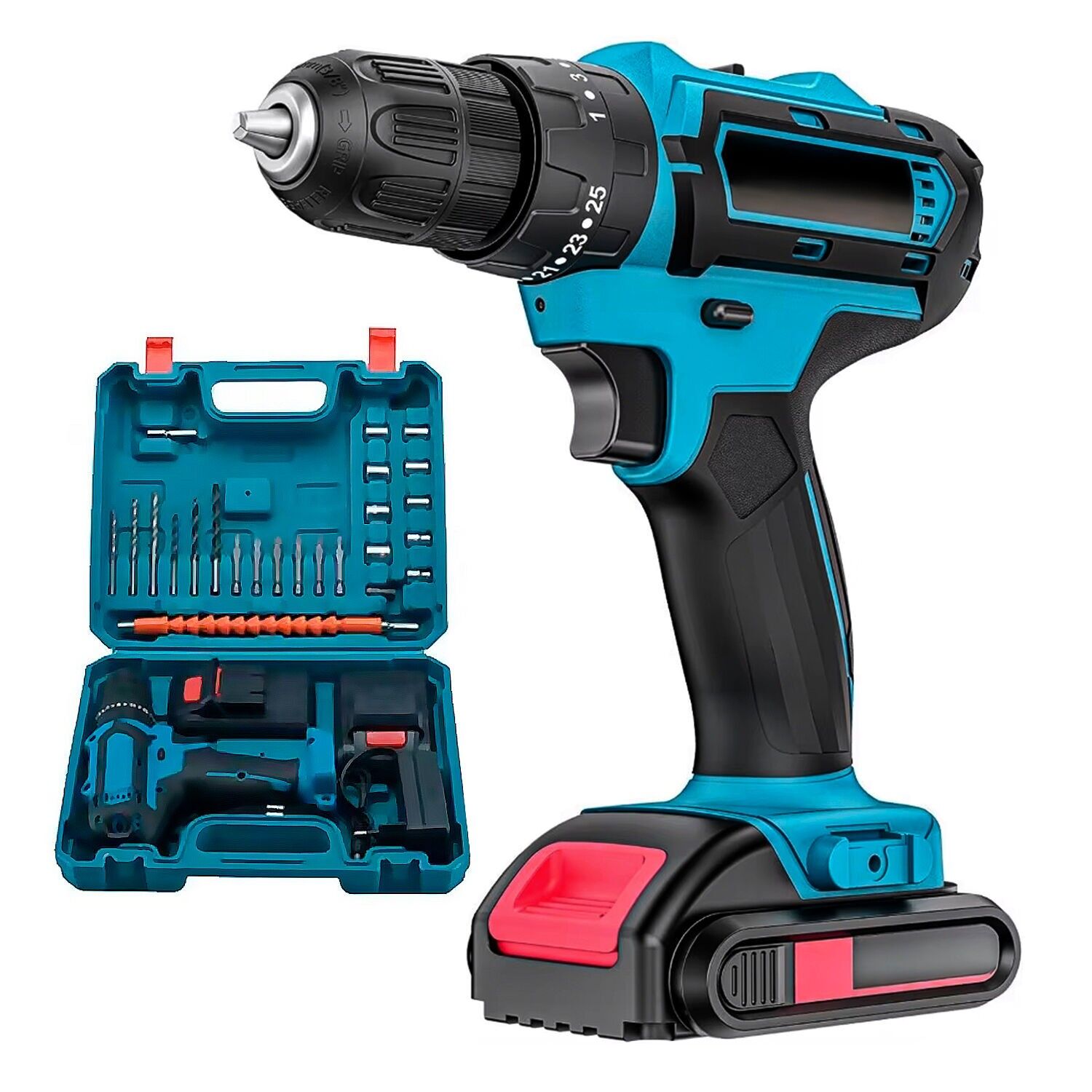 Cordless electric screwdriver and drill, with accessory set and case. Color: Turquoise.
