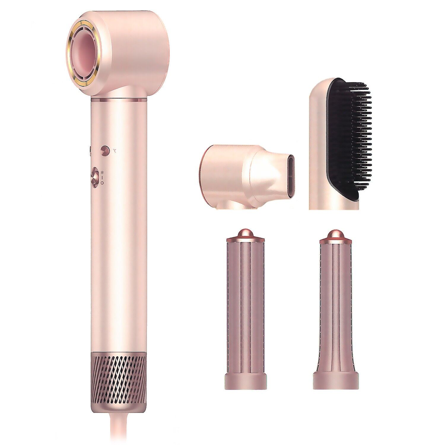 Station de beauté capillaire ionique professionnelle 5 en 1 : sèche-cheveux, fer à friser, lisseur. Haute puissance de 1300W, 3 températures et 3 vitesses. Couleur : rose clair