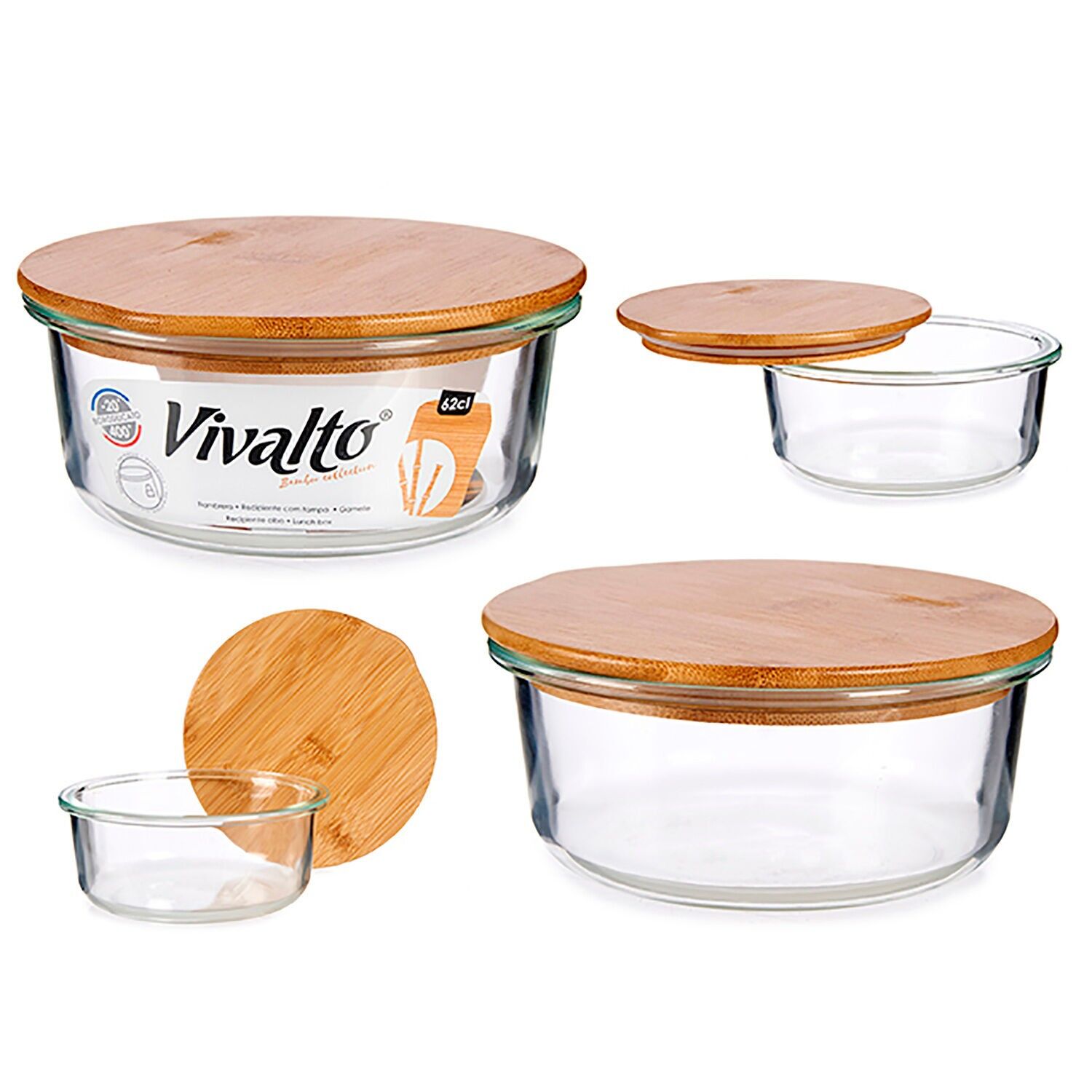 Lunch box ermetico in borosilicato con coperchio in bambù. Colore: trasparente.