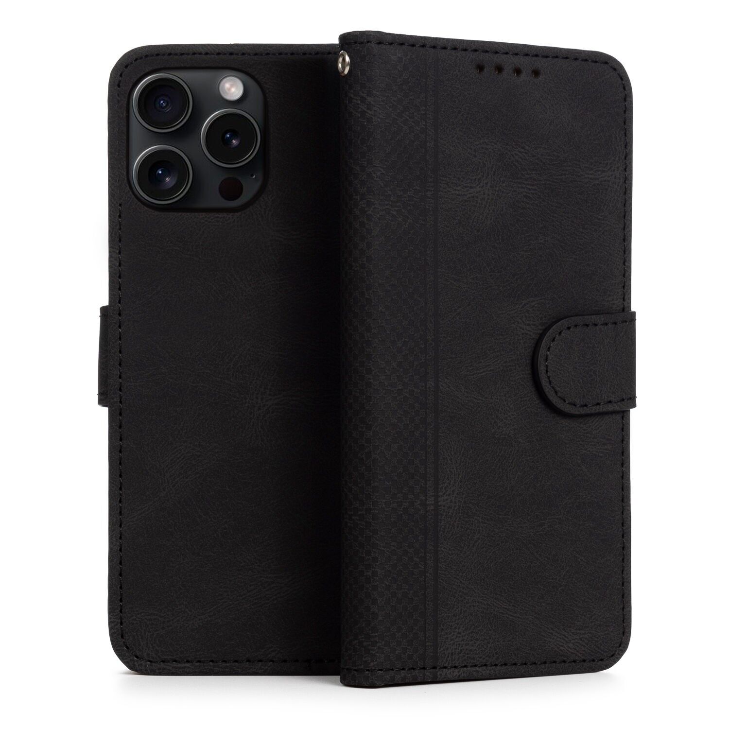 Custodia a libro antiurto in similpelle per iPhone 13 Pro Max. Porta carte interno, cinturino da polso rimovibile. Colore: Nero