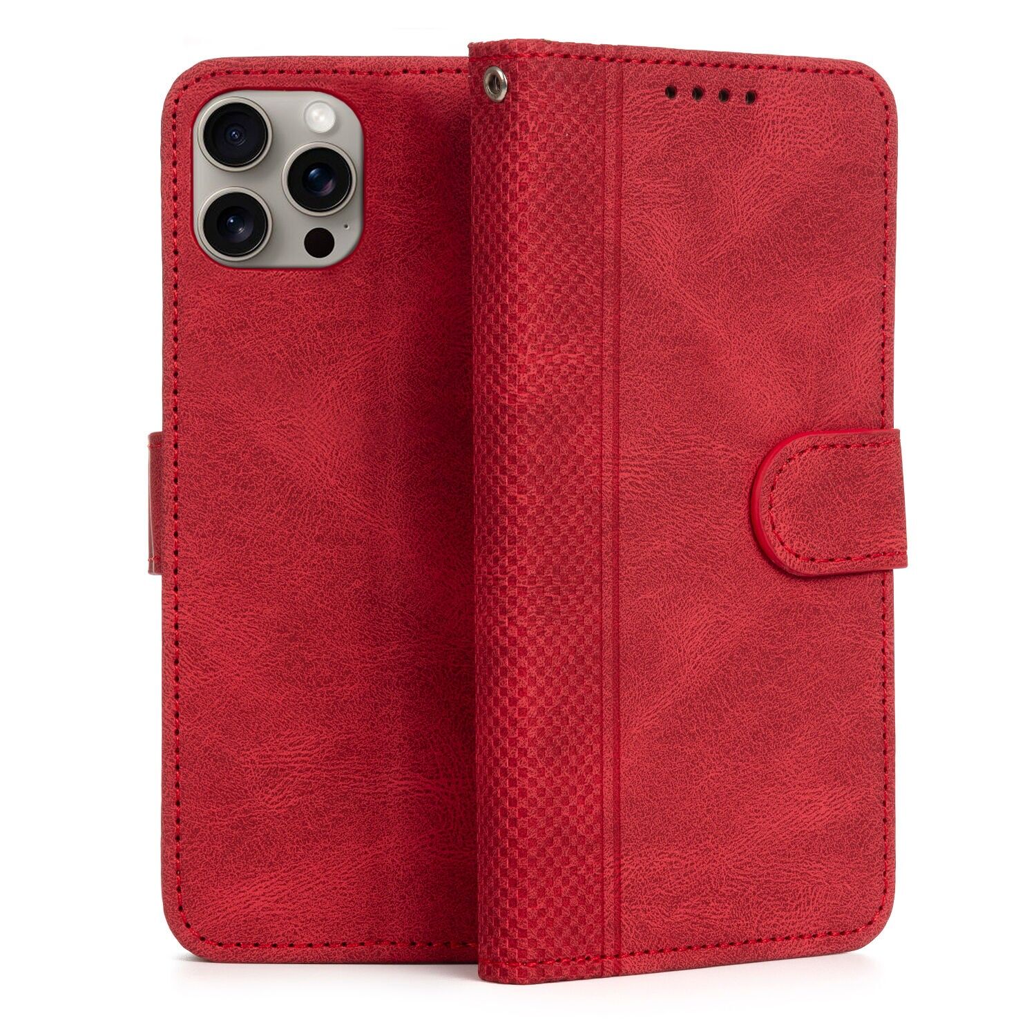 Custodia a libro antiurto in similpelle per iPhone 13 Pro. Porta carte interno, cinturino da polso rimovibile. Colore: Granato