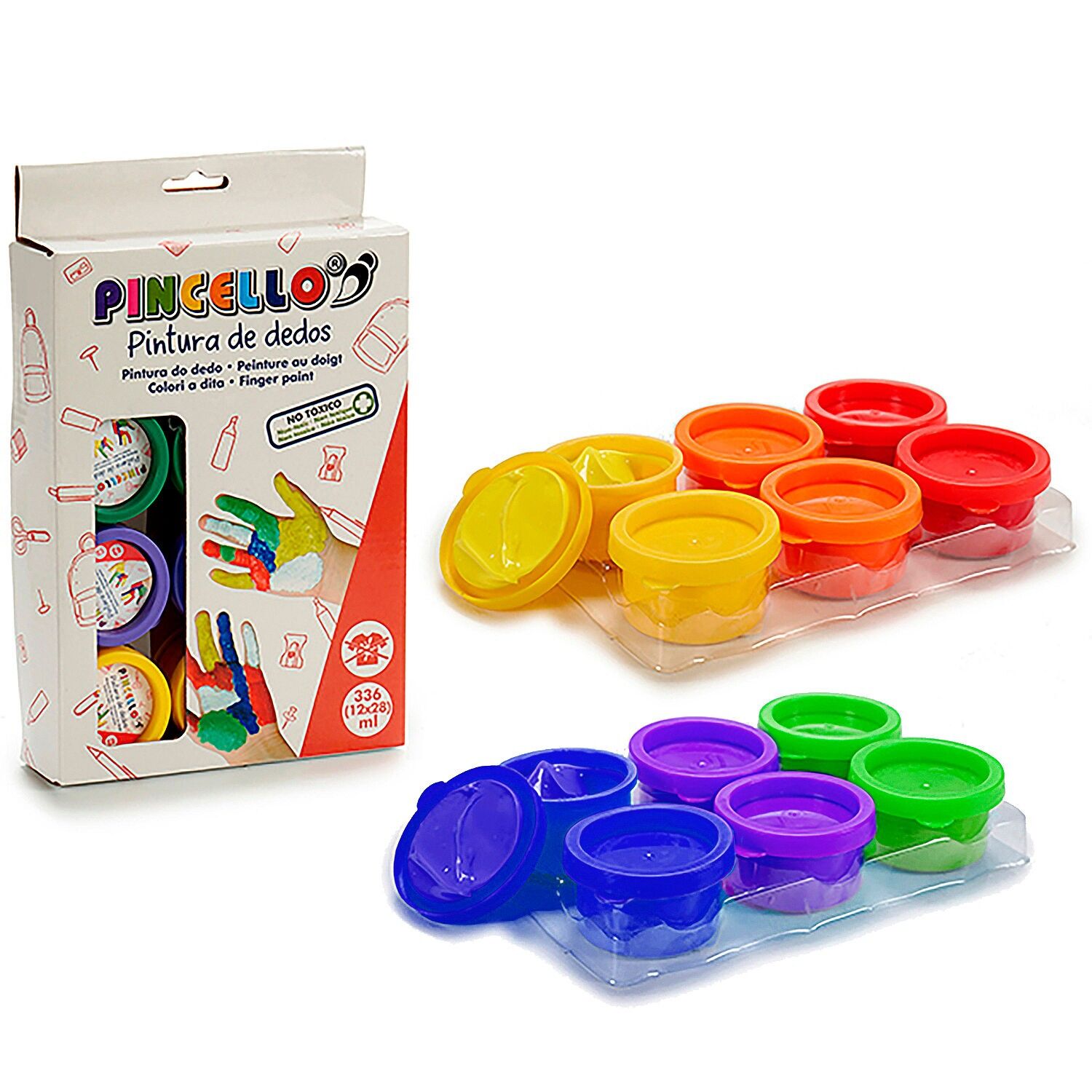 Set di 12 barattoli di colori a dita atossici, in 6 colori. Colore:Multicolore