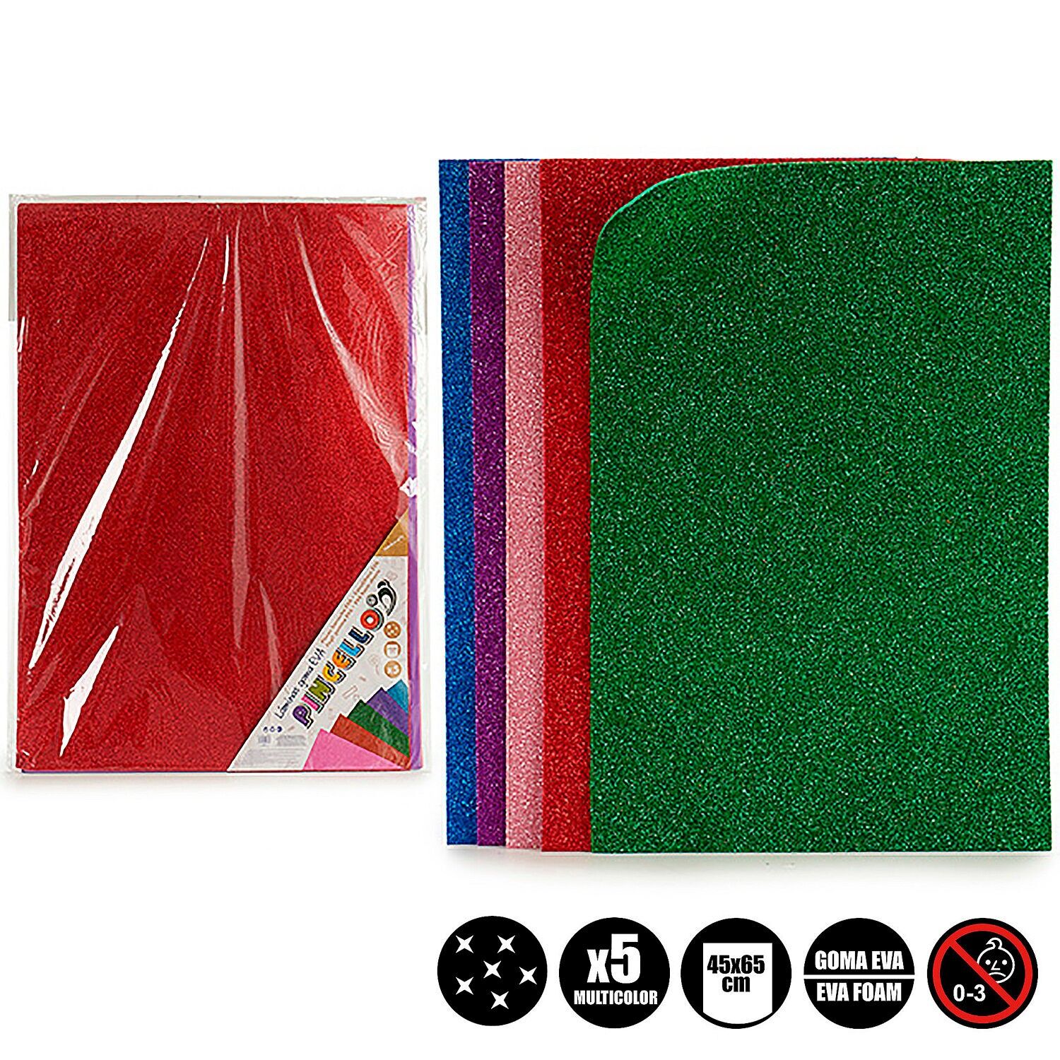 Set di 10 fogli di schiuma EVA glitterata, 45x65 cm. Colore:Multicolore