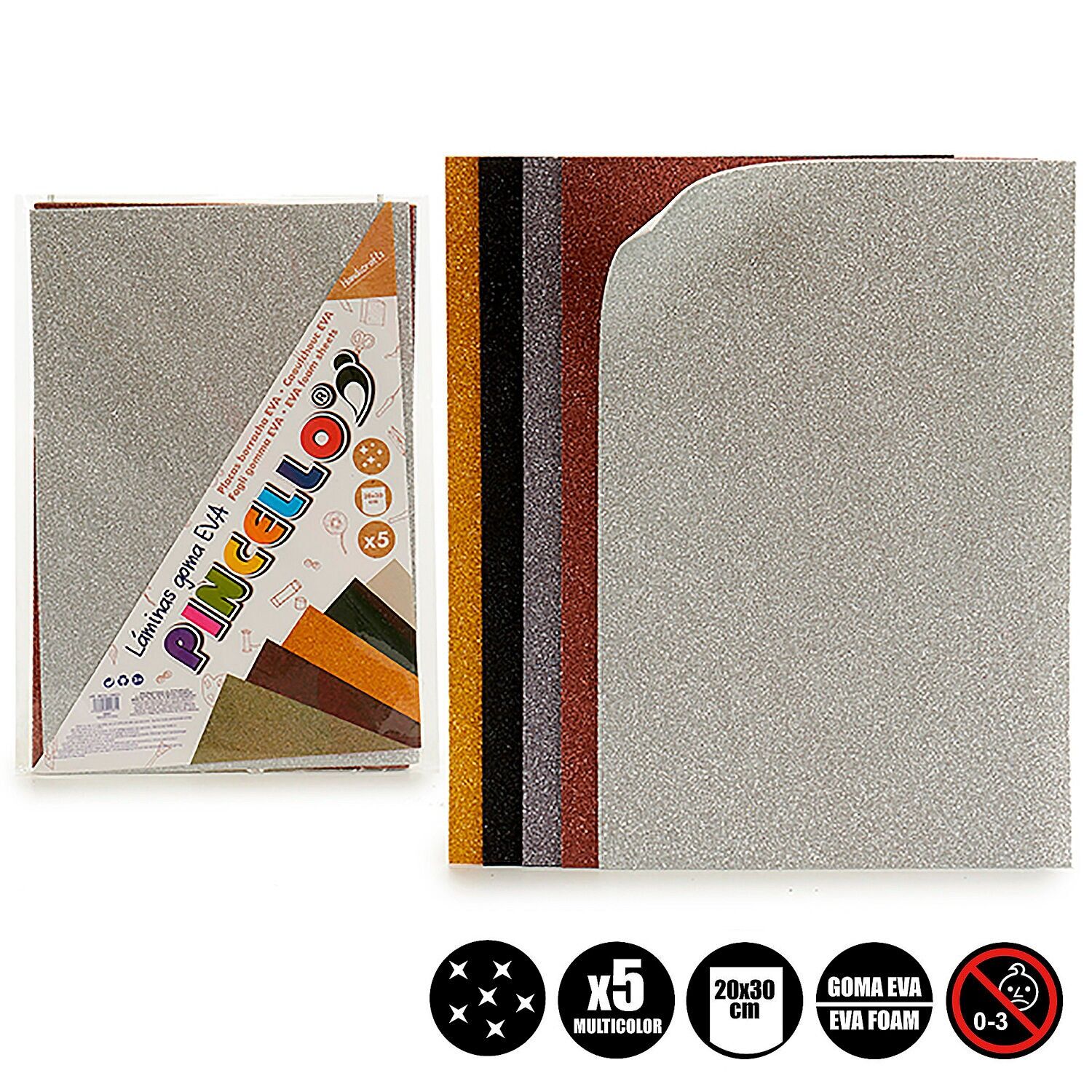 Set di 5 fogli di schiuma EVA glitterata, 20x30 cm. Colore:Multicolore