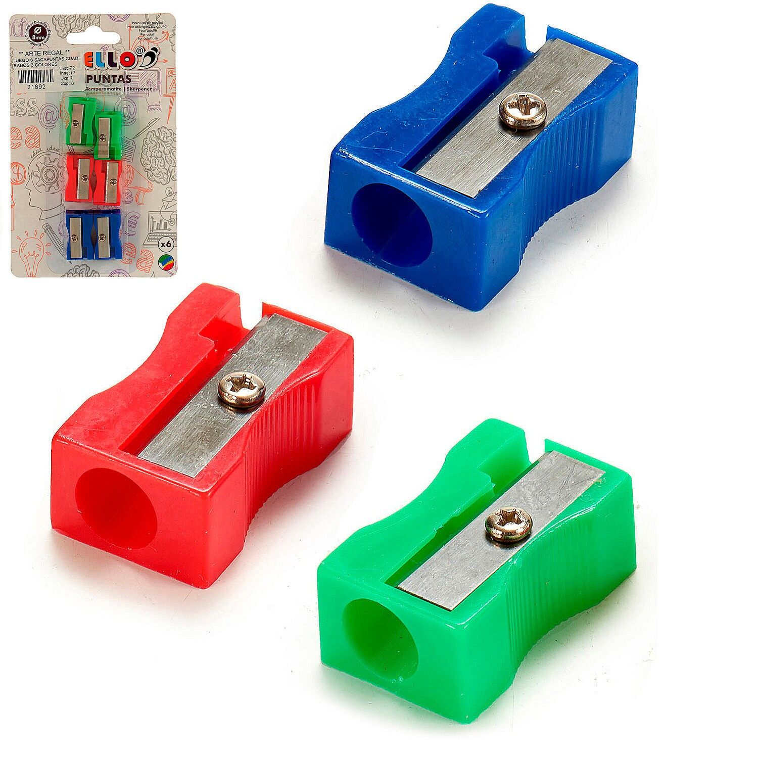 Set di 6 temperamatite. Assortiti in 3 colori.Colore: casuale