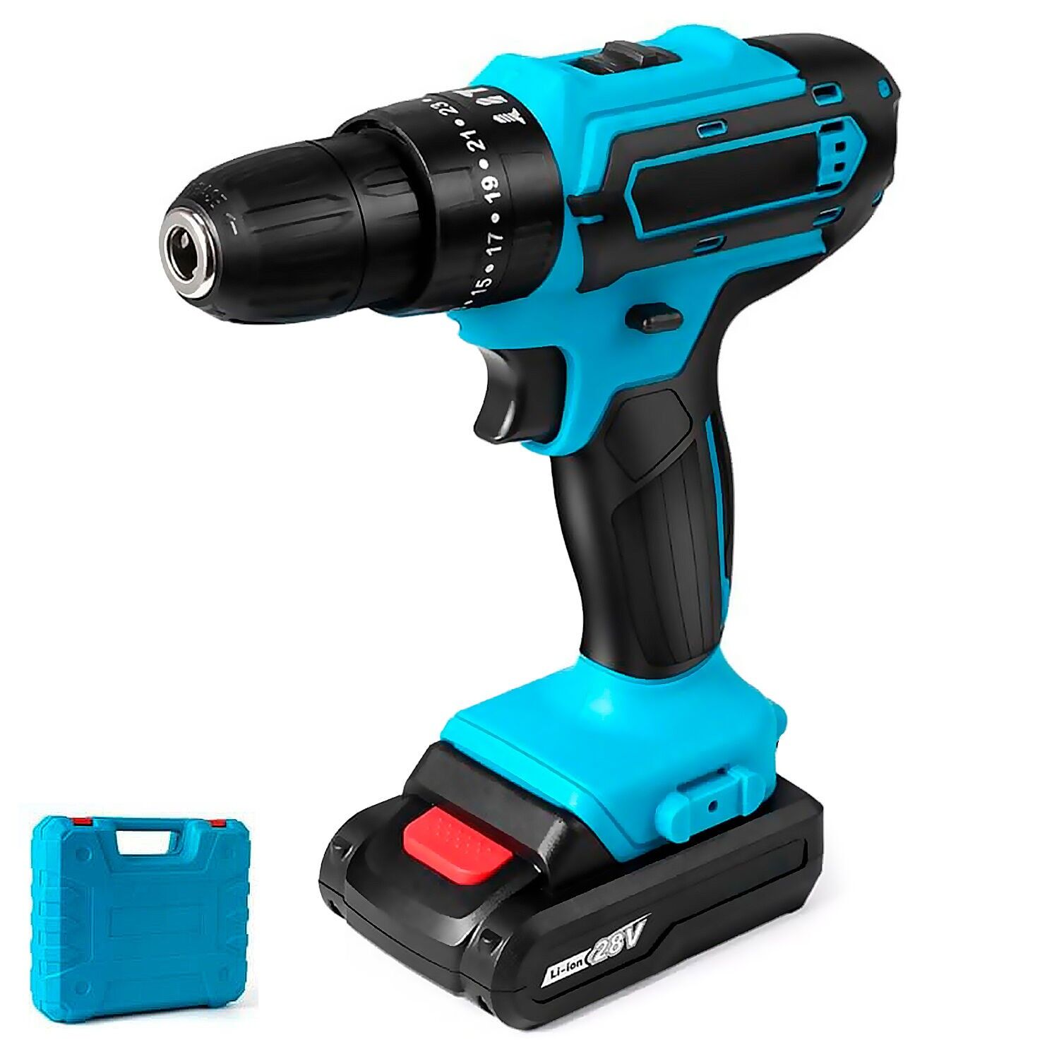Tool set with case, cordless electric drill and 28 accessories.Color: Blue