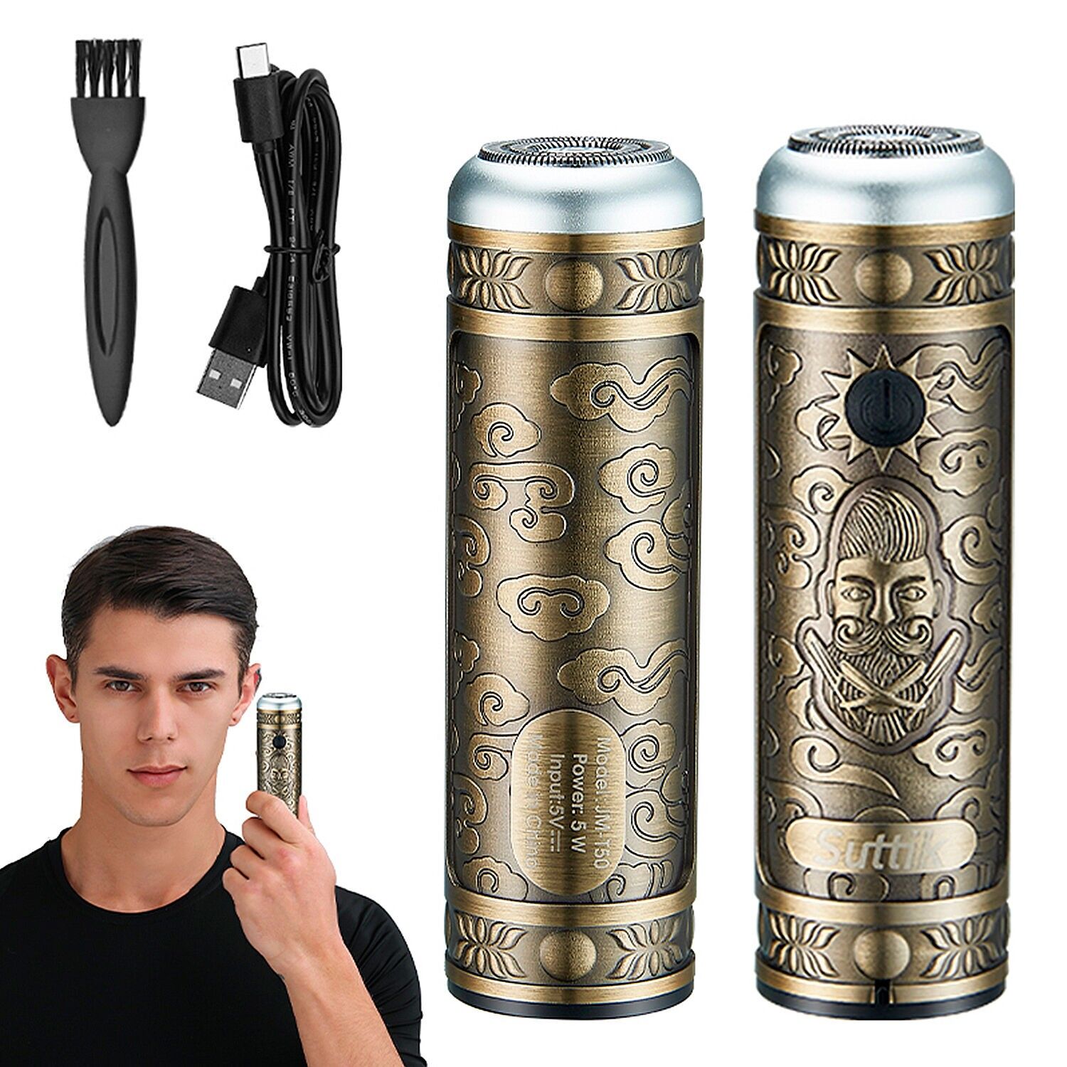 Rasoio dal design vintage con corpo in metallo inciso. Lame di taglio curve. Batteria ricaricabile.Colore: Bronzo