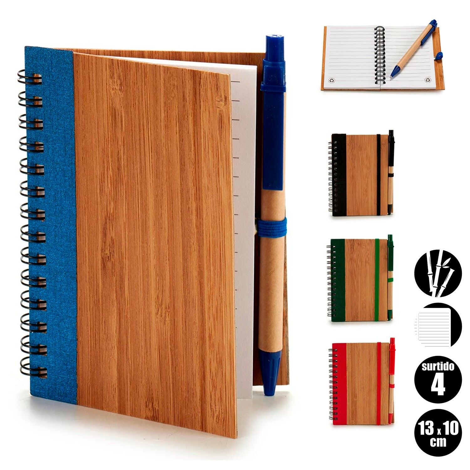 CONFEZIONE DA 4 QUADERNI IN BAMBÙ CON GOMMA E PENNA SEMPLICI 13X10CM ASSORTITI IN 4 COLORI. Colore:Multicolore