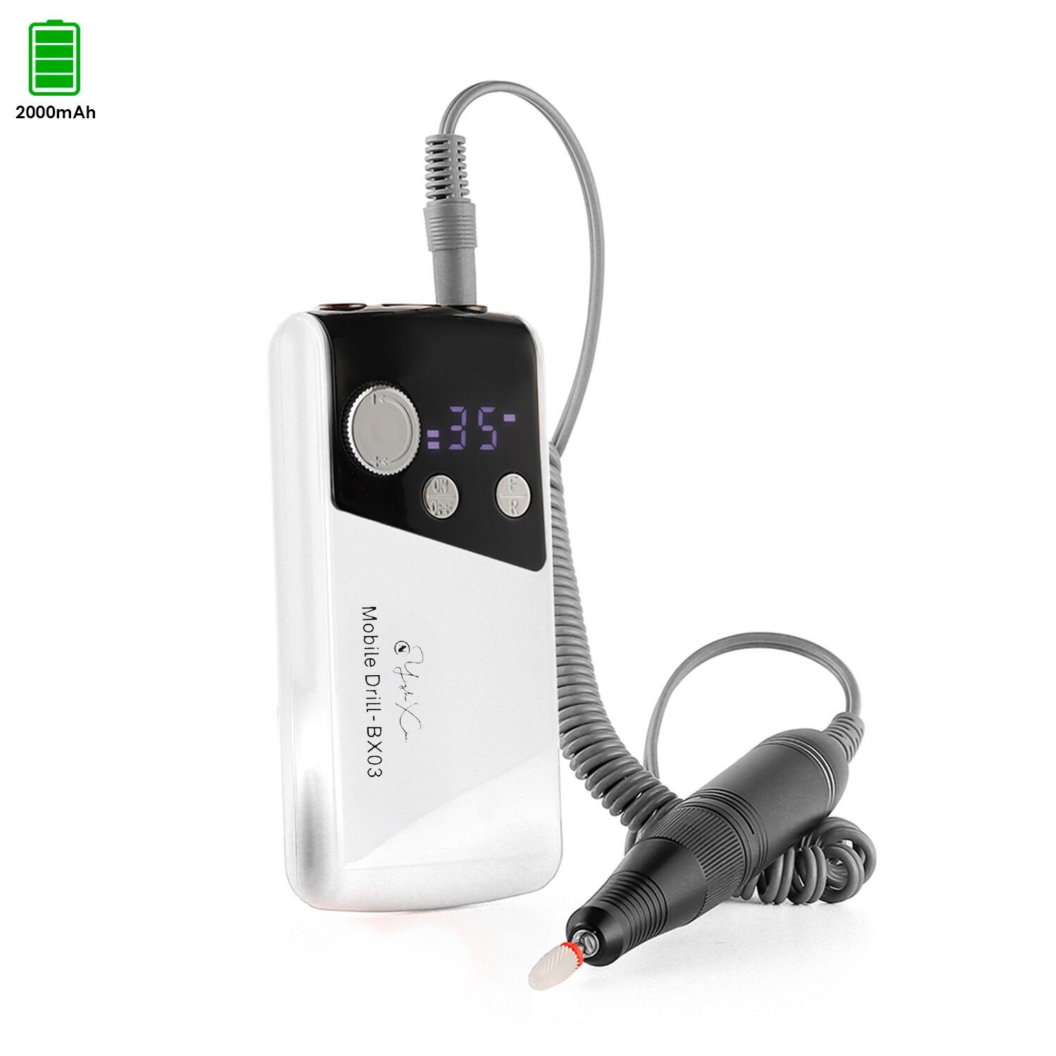 Smalto per unghie con batteria ricaricabile da 2000 mAh, fino a 35.000 giri al minuto. Velocità regolabile. Include 1 testina lucidante.Colore: Bianco