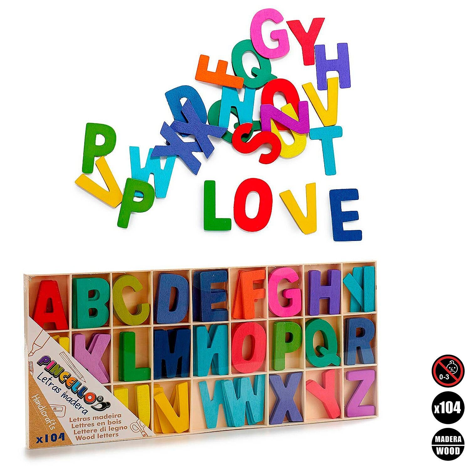 Set of 104 wooden letters.Color:Multicolor