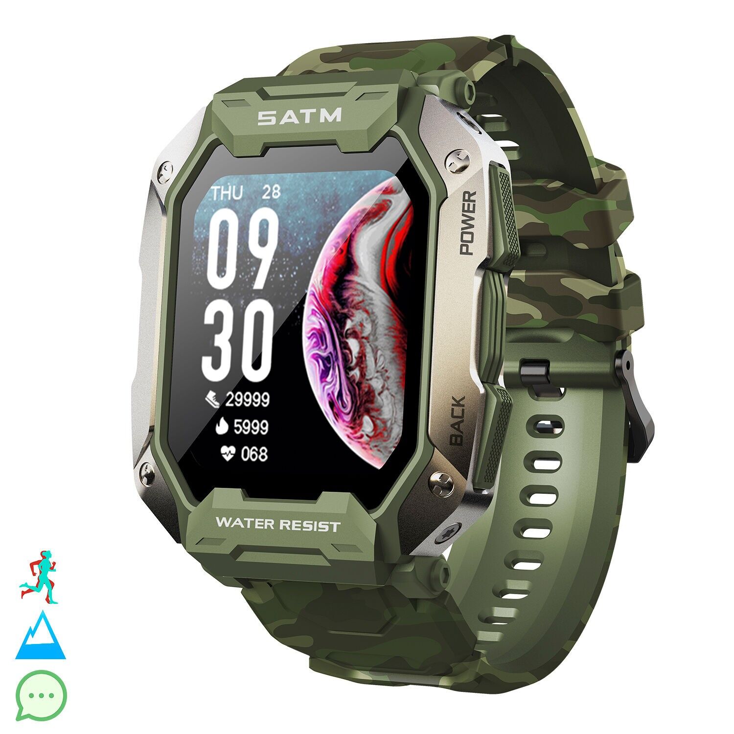 Wasserdichte Smartwatch C20, 1,7-Zoll-Bildschirm und 24 Sportmodi. Herzfrequenz- und O2-Monitor.Farbe:Grün Camouflage