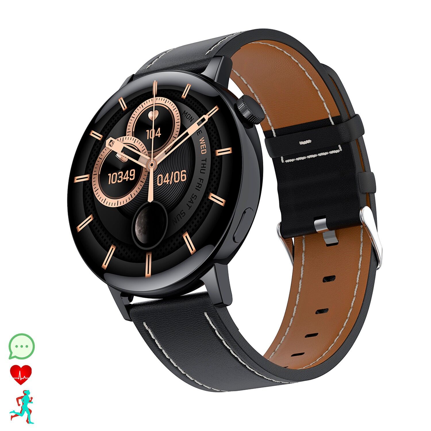 A03-Smartwatch mit Herzfrequenzmesser, Blutsauerstoff, Spielen und Multisportmodus. Lederarmband + Silikonarmband. Farbe: Schwarz