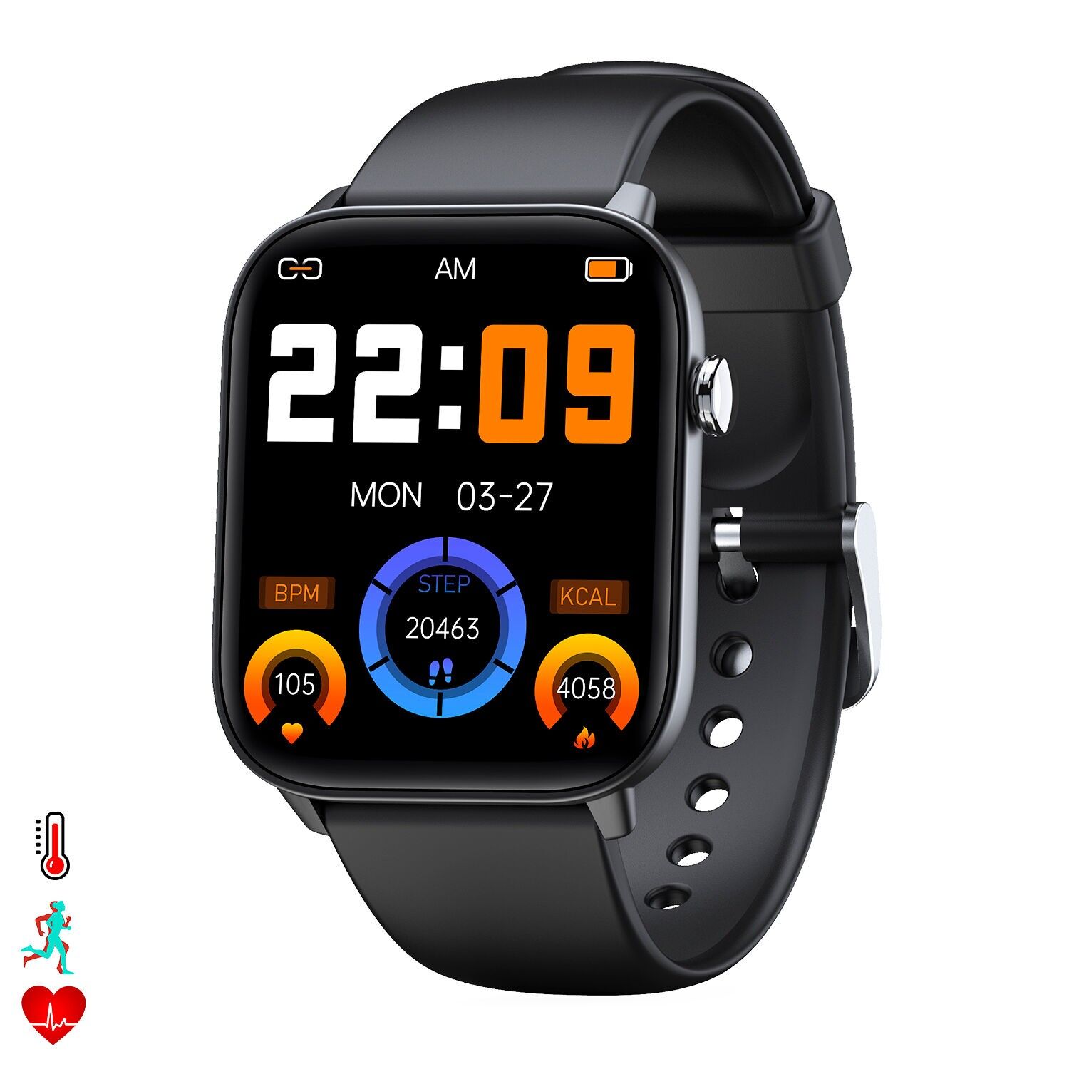 DM19 Smartwatch mit 1,8-Zoll-Bildschirm, Blutdruck- und O2-Monitor. Verschiedene Sportmodi, App-Benachrichtigungen. Farbe: Schwarz