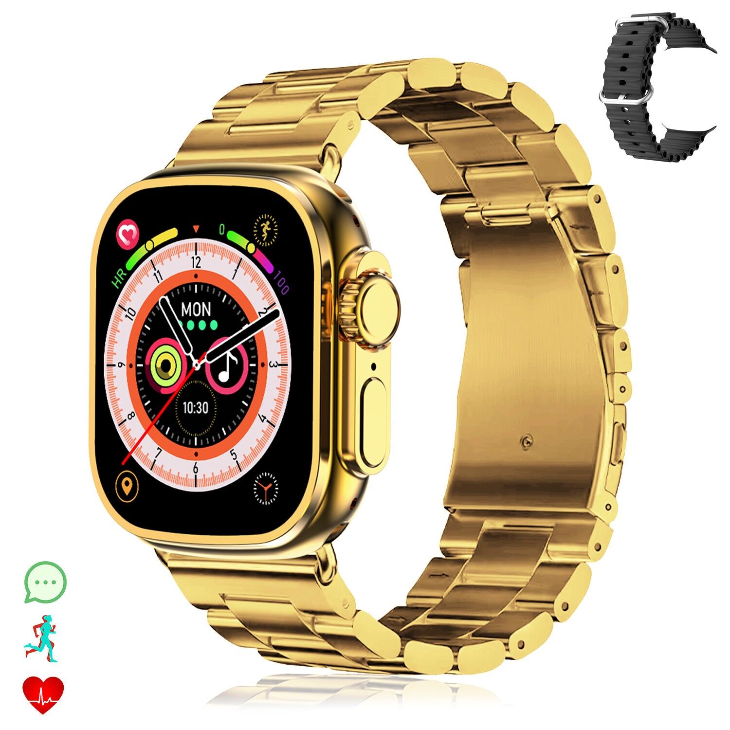 C9 Ultra Max Smartwatch mit 20 Sportmodi, Bluetooth-Anrufen. Herzfrequenz-, Blutsauerstoff- und Blutdruckmessgeräte. Doppelter Riemen.Farbe: Gold/Schwarz