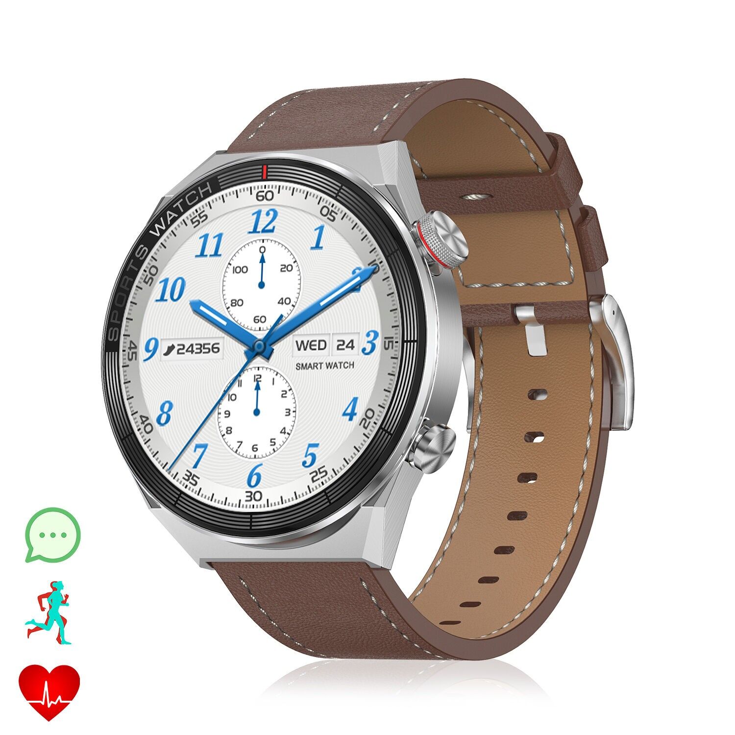 DT3 Mate Smartwatch mit Benachrichtigungen, geteiltem Bildschirm, Multisportmodi und Herzfrequenzmesser. Lederarmband. Farbe: Leder