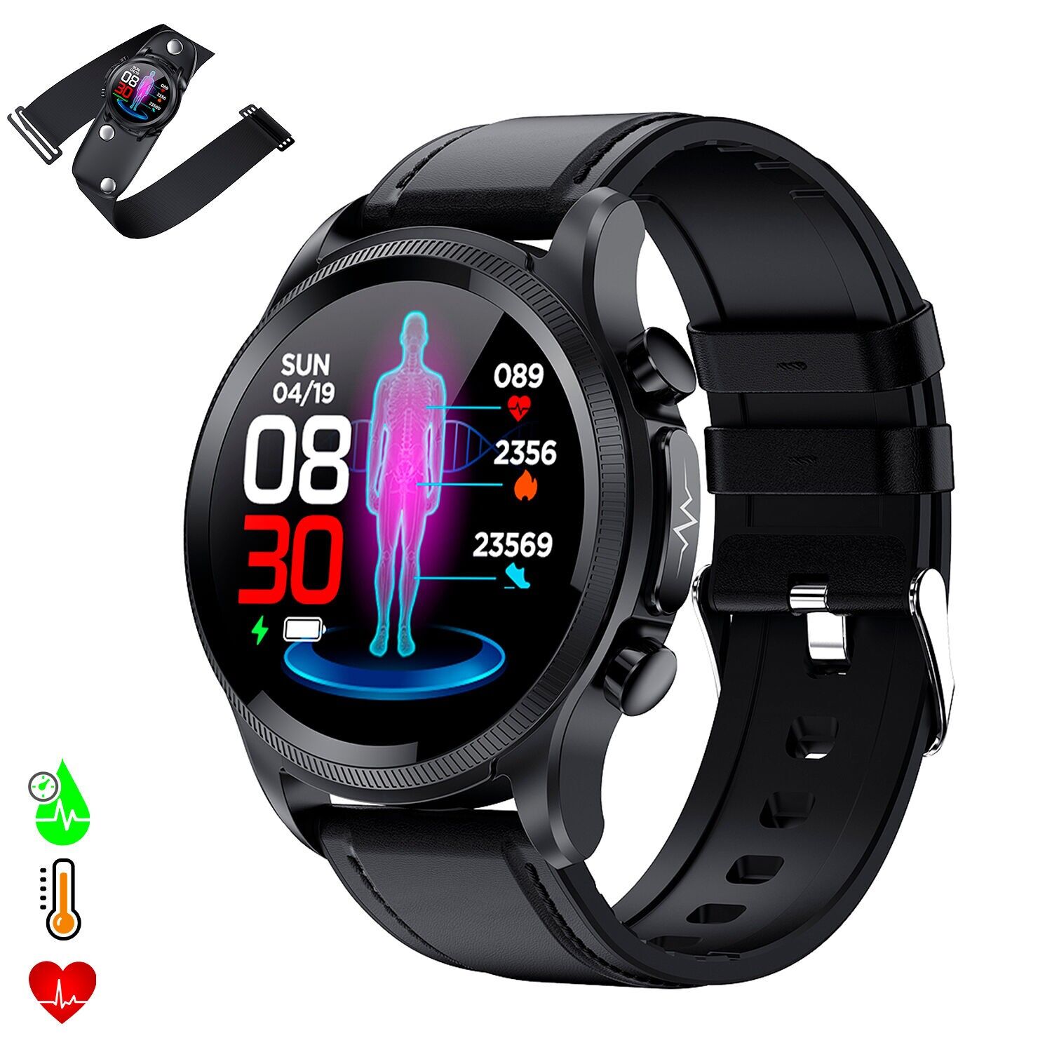 E400 Smartwatch mit Blutzuckermessung, Blutdruckmessgerät und O2. EKG mit Brustmessung. Lederarmband.Farbe: Schwarz/Schwarz