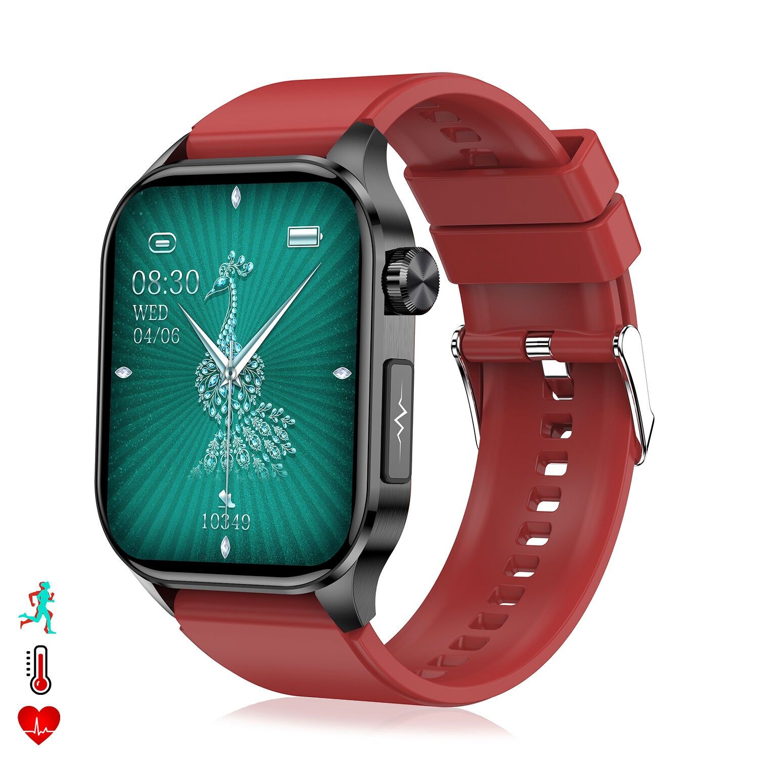 Smartwatch ET580. EKG mit Brustgurt, Blutzucker, Harnsäure und Lipide, BMI, Körperfett, Temperatur, O2 und Blutdruck.Farbe: Rot