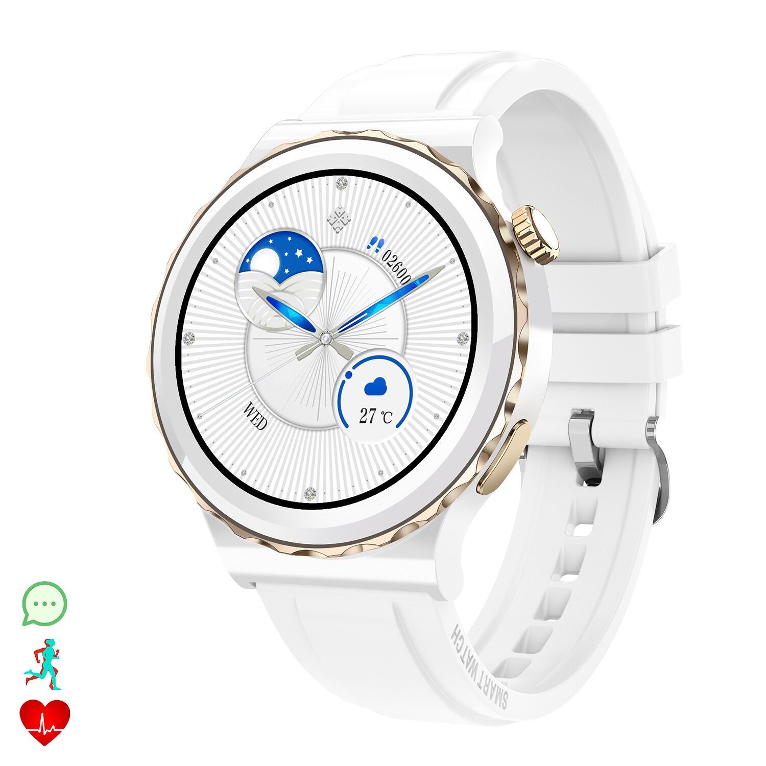 E23 Smartwatch mit Blutdruck- und O2-Monitor. 15 Sportmodi, NFC.Farbe: Gold/Weiß