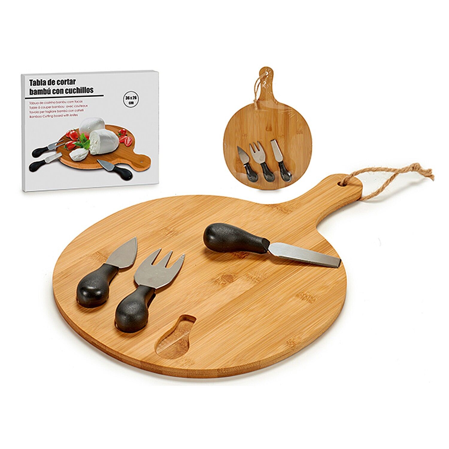 Tagliere per formaggi con manico in bambù e utensili Colore: Marrone chiaro