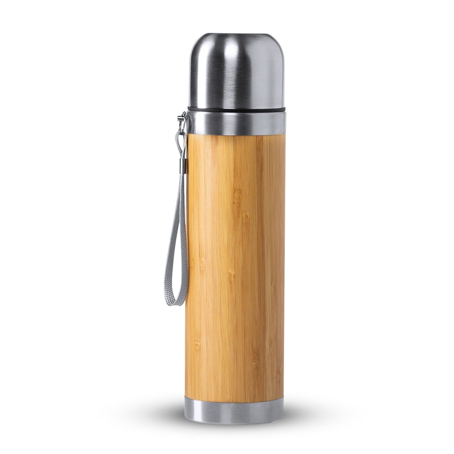 Thermos caldo/freddo Tiaky da 420 ml in bambù e acciaio inossidabile a doppia parete. Coprire per preservare la temperatura e chiudere con un tappo per tazza.Colore: argento