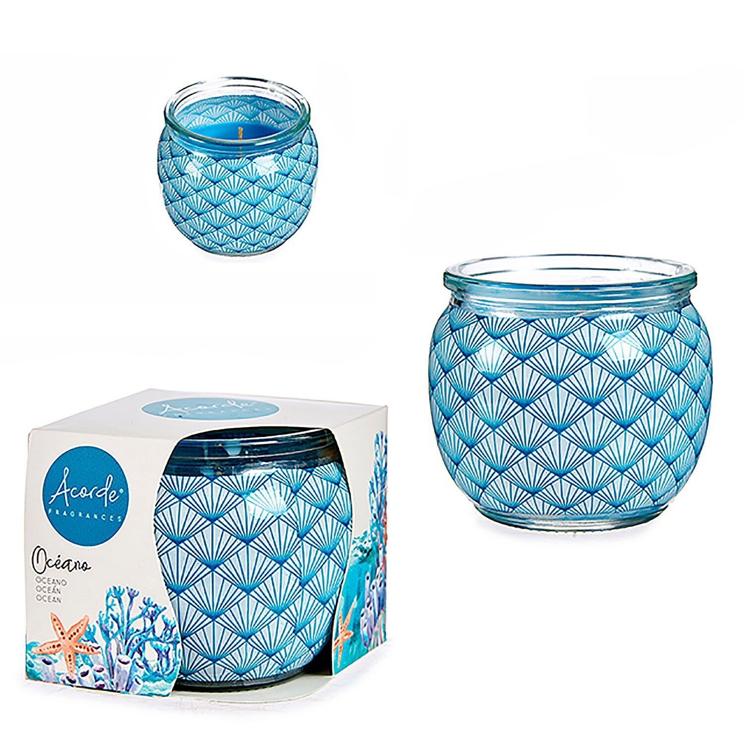 Candela profumata in un barattolo di vetro con profumo di oceano.Colore: blu