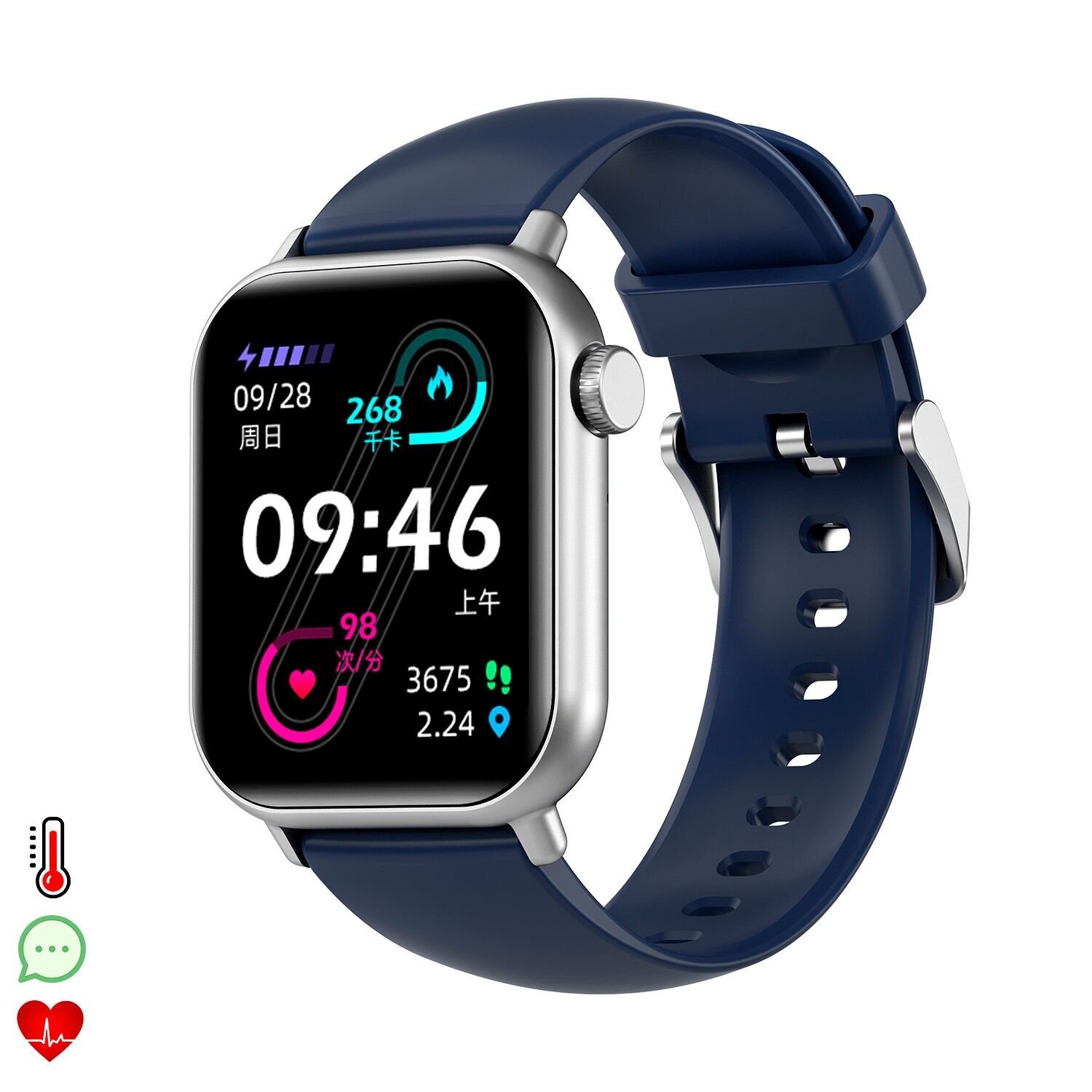 ZW27 Smartwatch mit Körperthermometer und Blutdruckmessgerät. Sportmodi, App-Benachrichtigungen, wasserdicht.