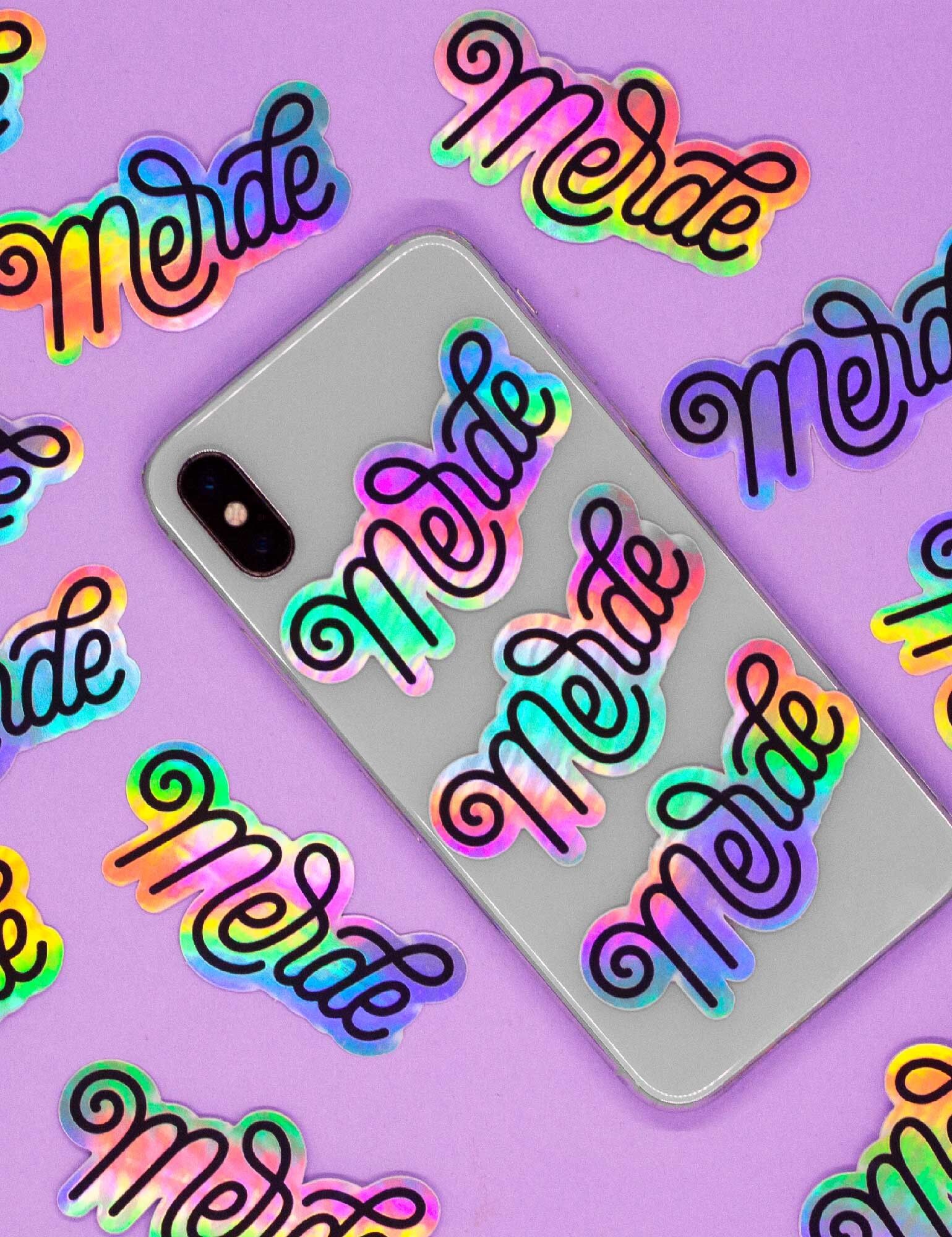 Sticker holographique Merde | autocollant arc-en-ciel | autocollant insulte française sarcastique | sticker drôle pour bouteille, ordinateur ou téléphone | cadeau fun France