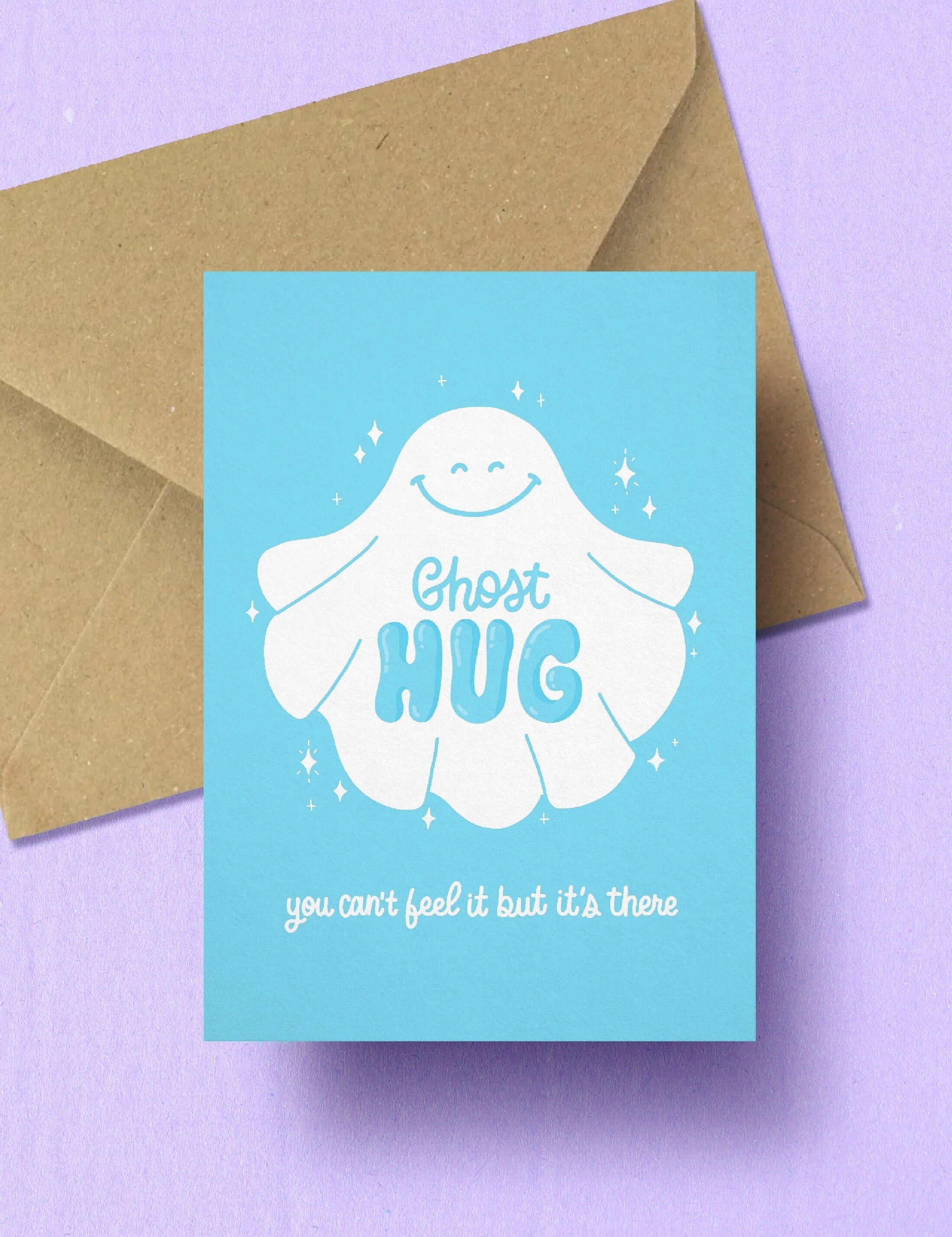 Carte postale Ghost Hug | carte mignonne kawaii | carte amitié BFF | carte je te manque | carte fantôme câlin | idée cadeau ami
