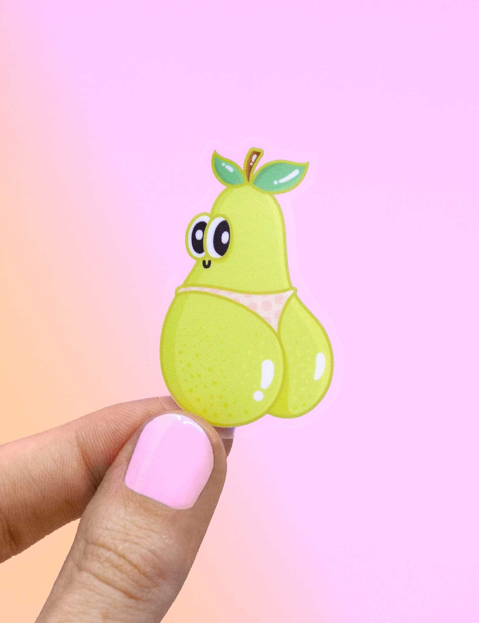 Sticker Vinyle Pear Buns | Autocollant Poire Kawaii Drôle avec Fesses, Funny Fruit Sticker pour Cahier, Ordinateur ou Bouteille, Cadeau Humoristique