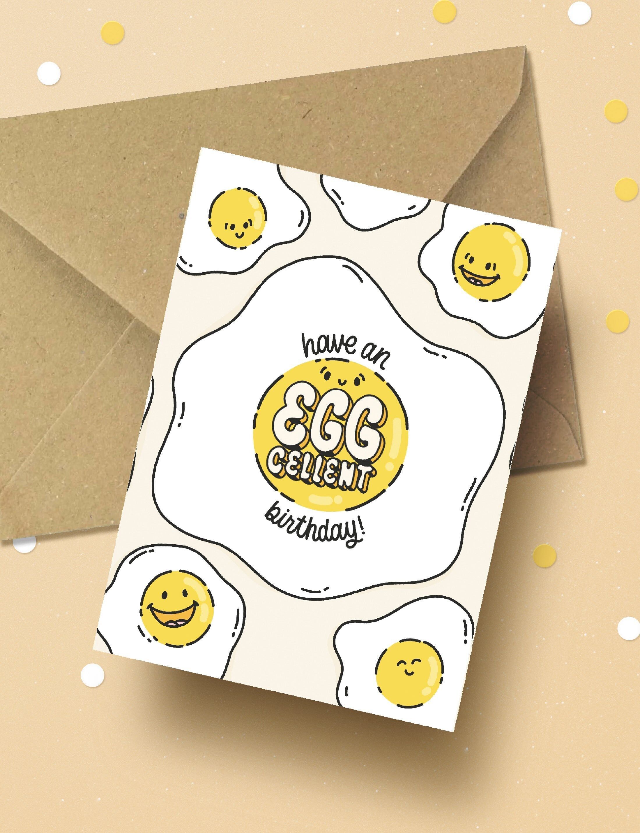 Biglietto di auguri di compleanno Egg'cellent | simpatico biglietto di auguri di compleanno in inglese | divertente biglietto di frittata di uova | divertente biglietto con giochi di parole | idea regalo per migliori amici o per la famiglia