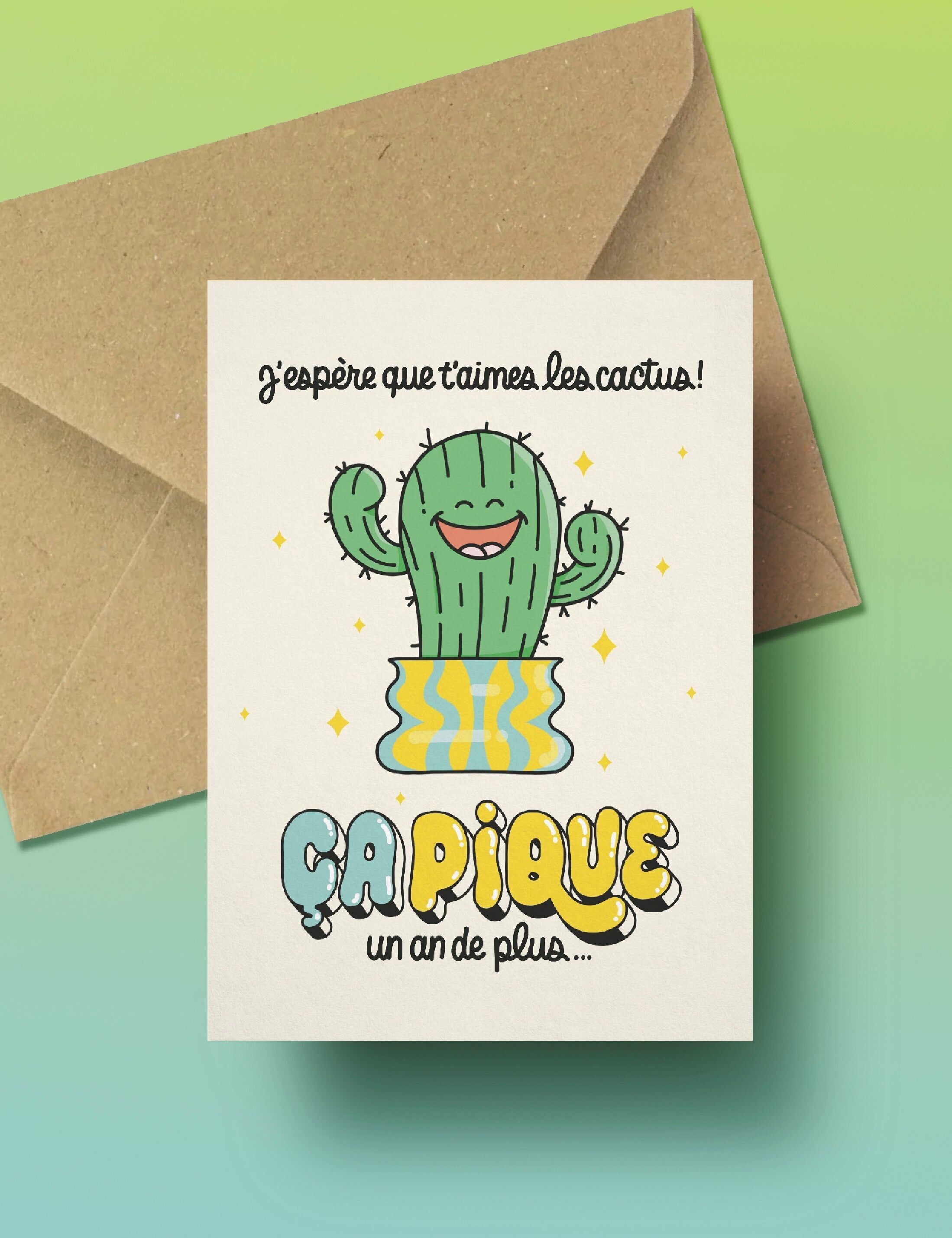 Biglietto di auguri di compleanno con cactus francese | biglietto umoristico sull'amicizia | cartolina con gioco di parole divertente | Spero che ti piacciano i cactus | regalo divertente per un amico o per l'amore