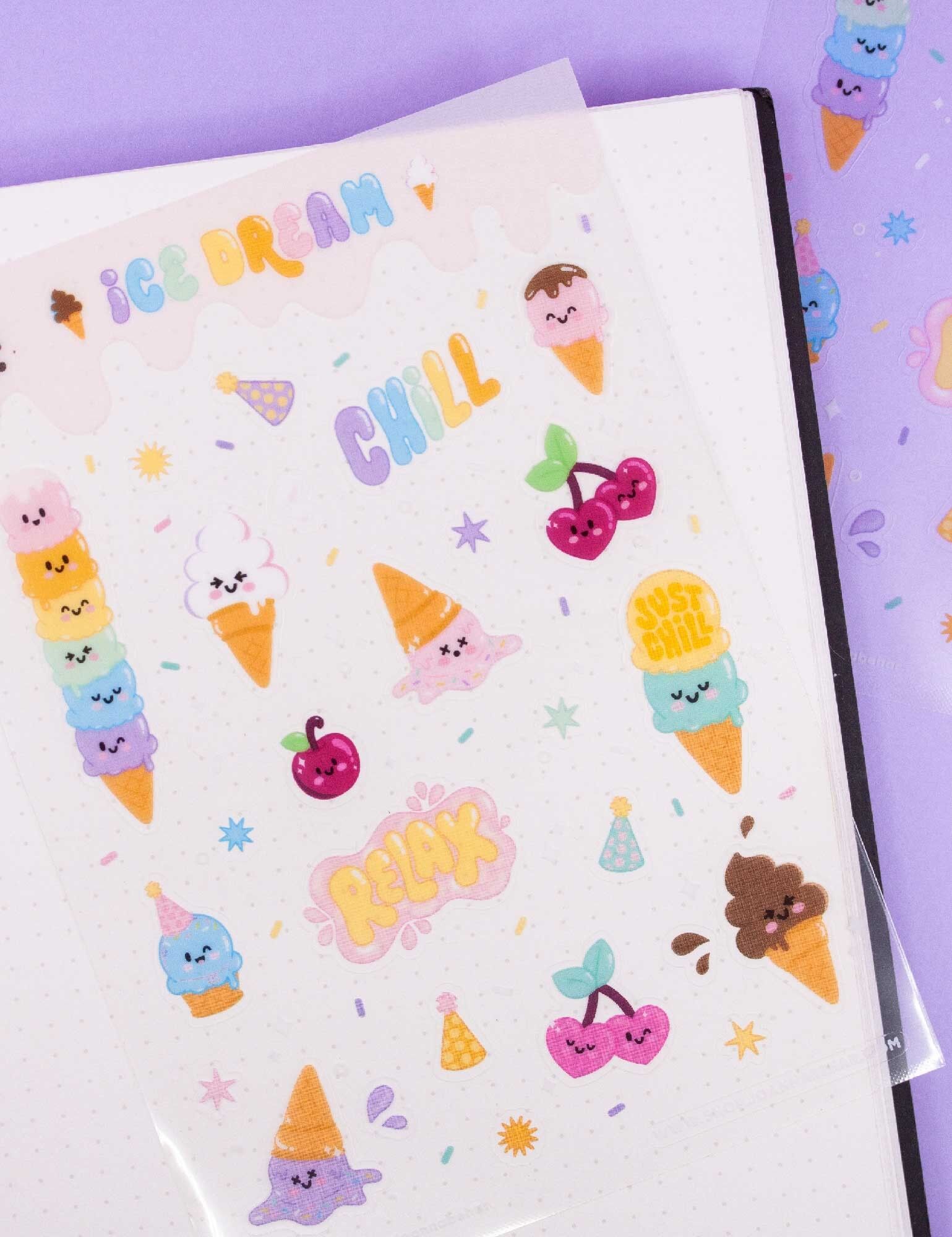 Planche de Stickers Vinyle Transparent “Ice Cream Dream” | Autocollants Glaces Kawaii pour Ordinateur, Cahier ou Bouteille, Cadeau Foodie
