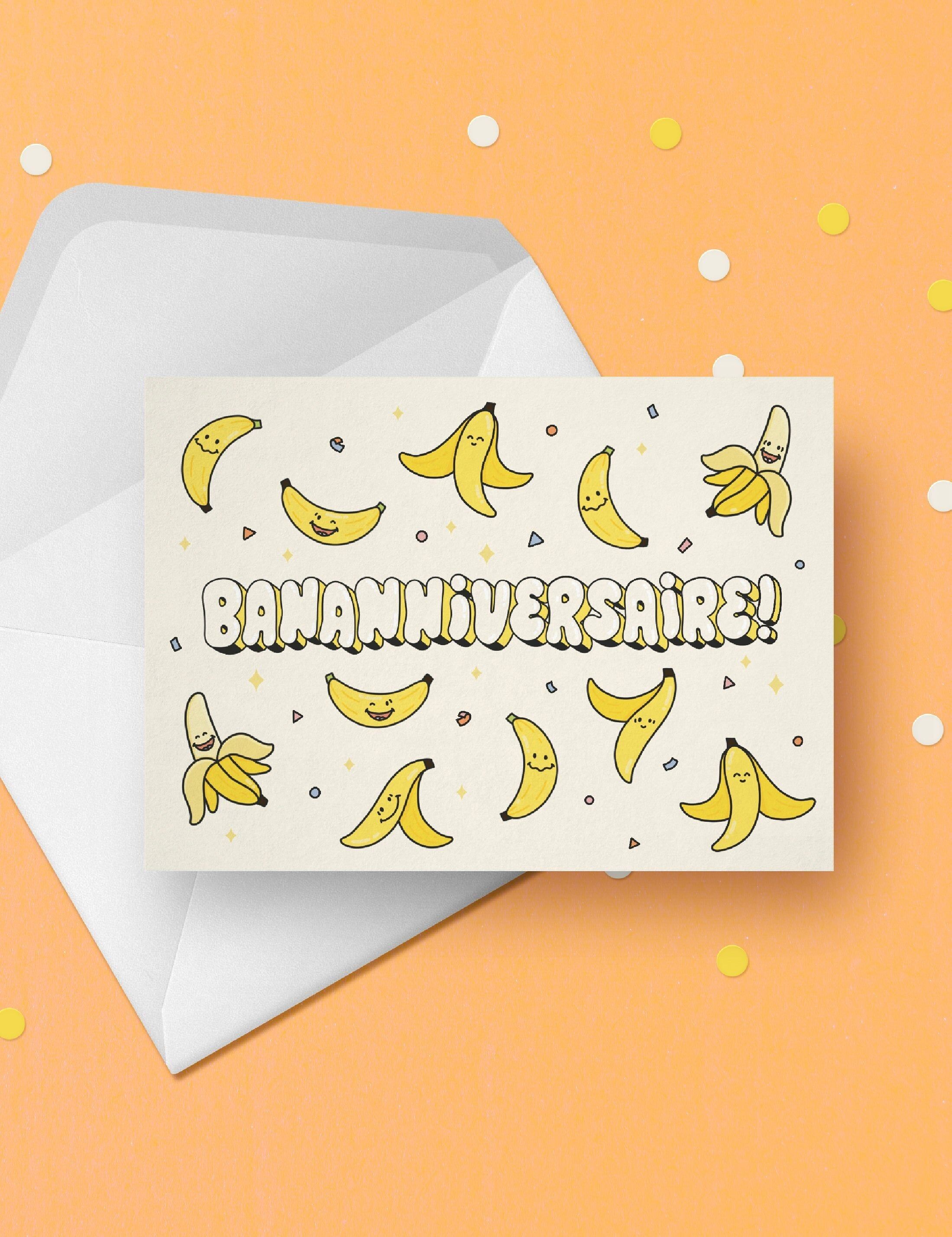 Cartolina di compleanno a tema banana | Biglietto di compleanno umoristico a tema banana | Biglietto di amicizia divertente | Biglietto kawaii | Regalo divertente per un amico o per l'amore