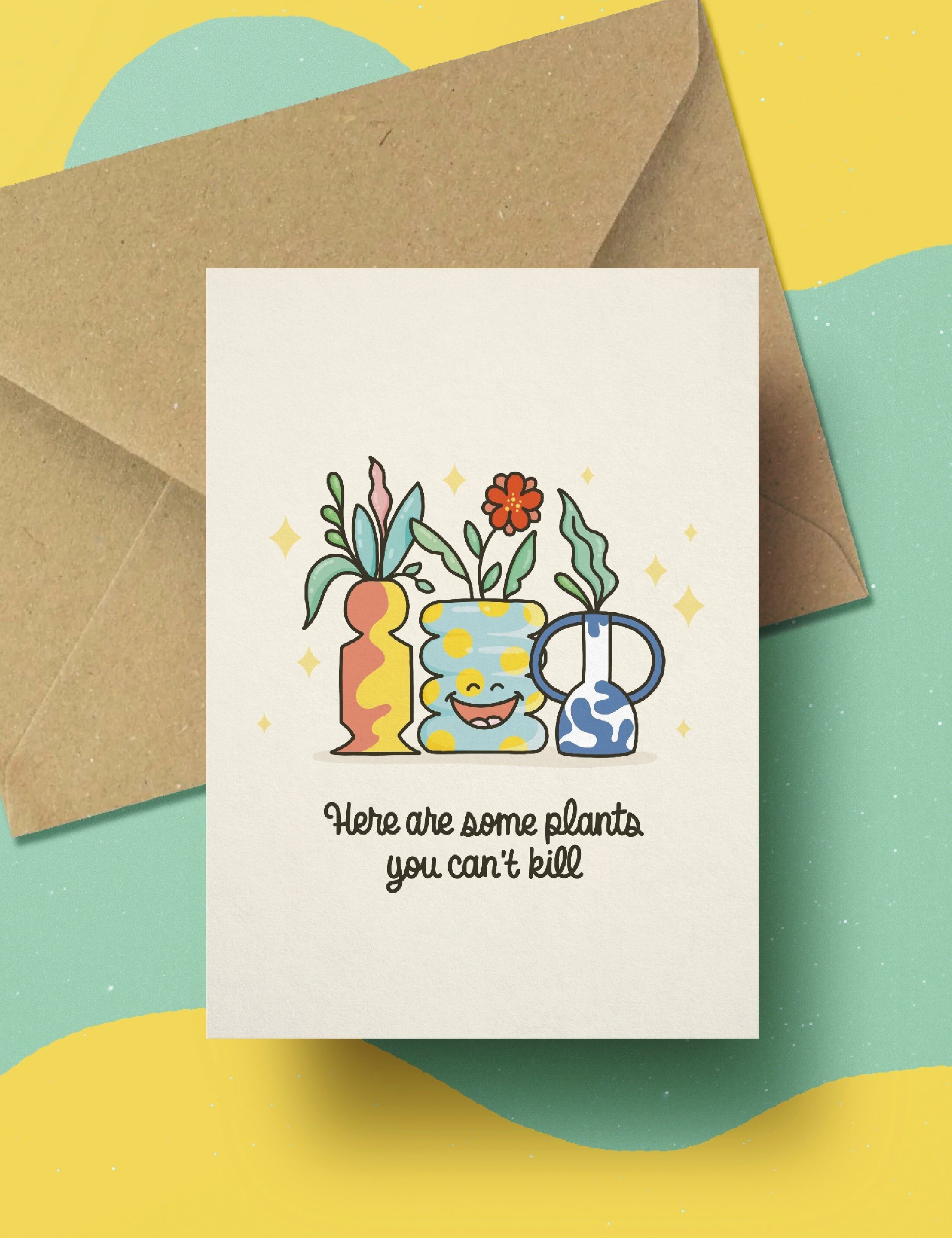 Carte postale Funny Plant Killer | carte humour plantes | carte pun amitié | carte green thumb drôle | carte mignonne pour lui ou elle | idée cadeau ami