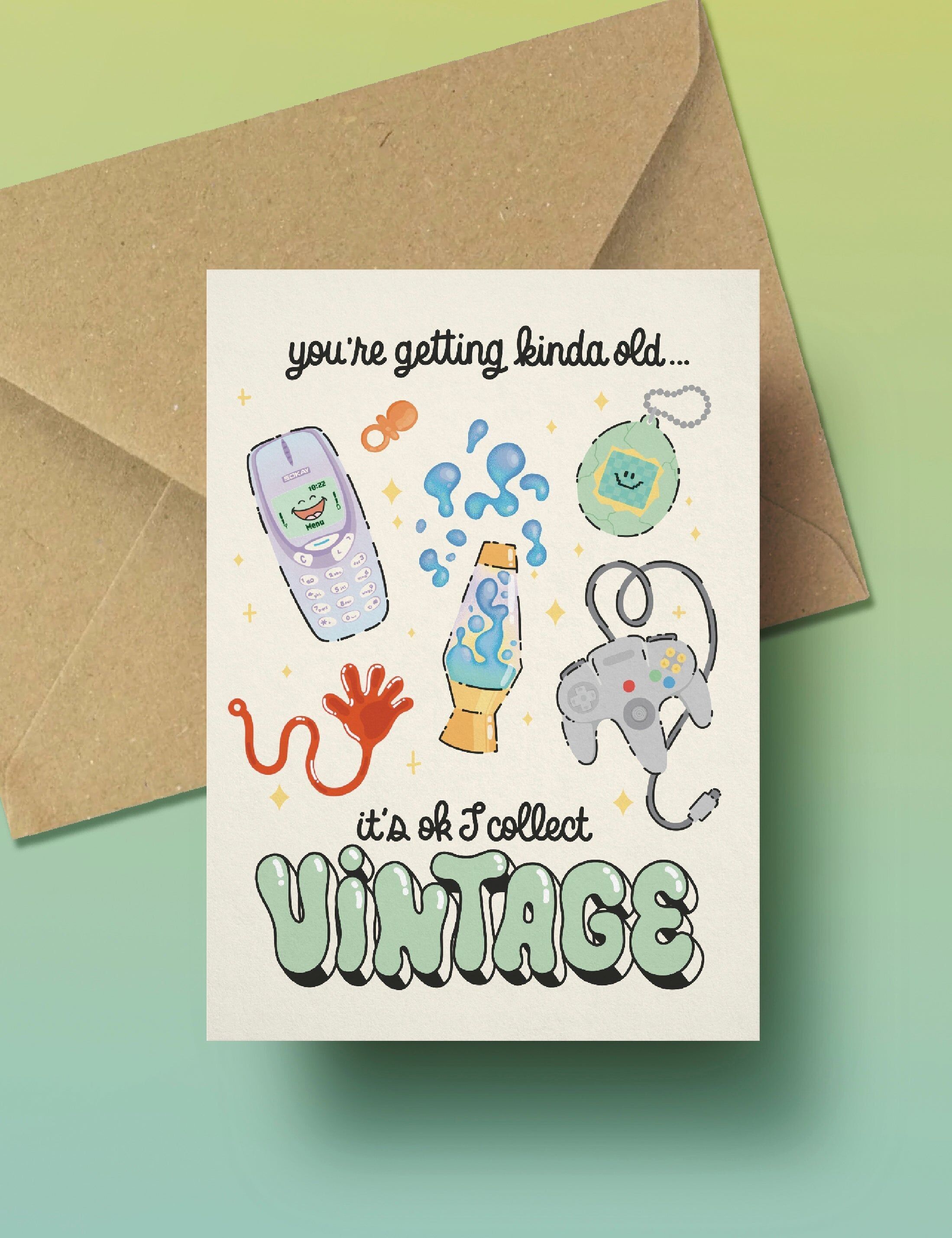 Biglietto di compleanno vintage | Biglietto carino in inglese | Divertente cartolina con Tamagotchi o lampada di lava | Festa di compleanno anni '80 e '90 | Idea regalo nostalgica