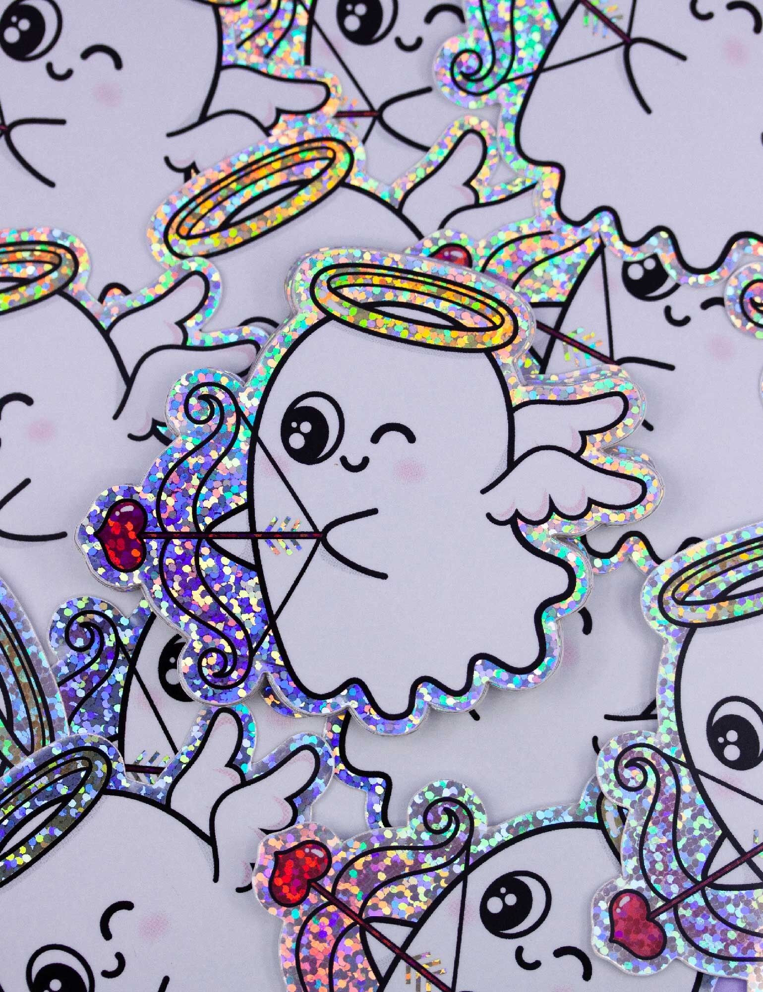 Sticker Vinyle Fantôme Cupidon Saint-Valentin | Autocollant Ghost Glitter Kawaii avec Cœur et Ailes, Autocollant Mignon Cadeau d’Amour Fun