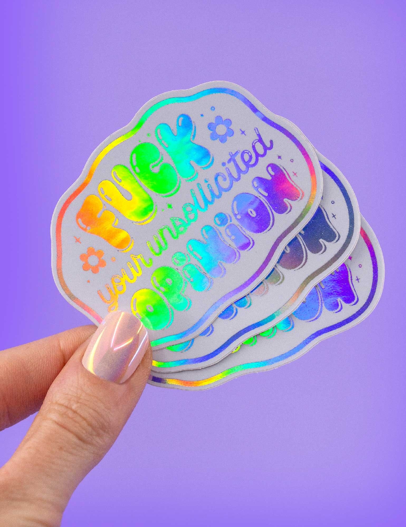 Holographic F Your Unsolicited Opinion Sticker | Funny Swear Word Sticker | Sarcastic Rainbow Sticker | Sticker for Computer, Notebook, Planner, Phone, Bottle | Fun Gift