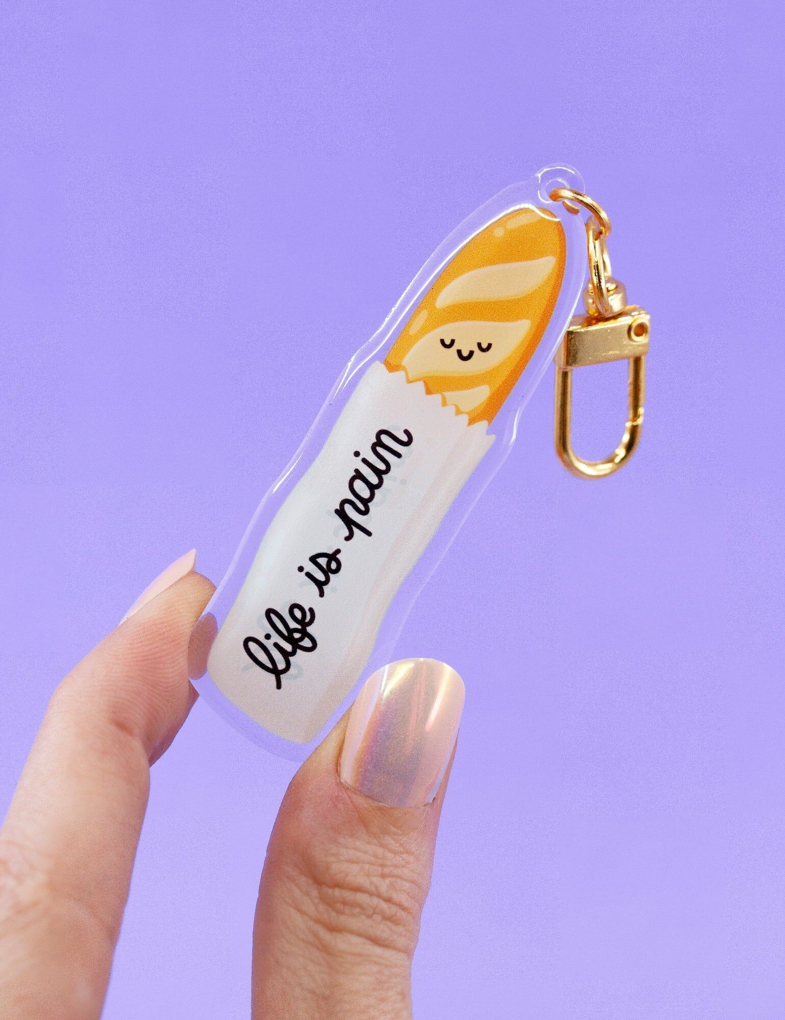 Porte-clés acrylique baguette "Life is Pain" | keychain humoristique français | accessoire kawaii sac ou trousseau | souvenir Paris drôle | idée cadeau gourmand
