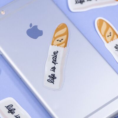 Sticker Vinyle Transparent Baguette Française “Life Is Pain” | Autocollant Humoristique Food pour Ordinateur, Cahier ou Bouteille, Cadeau Original