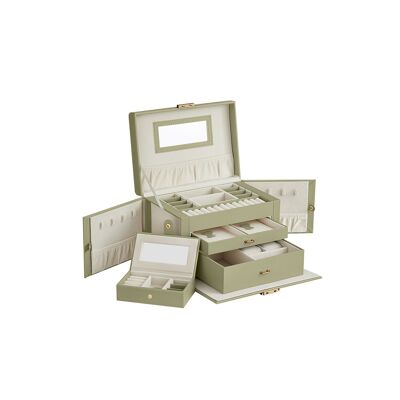 Joyero de 3 niveles con tapa de PU en color verde laurel - 18,2 x 26 x 17,4 cm